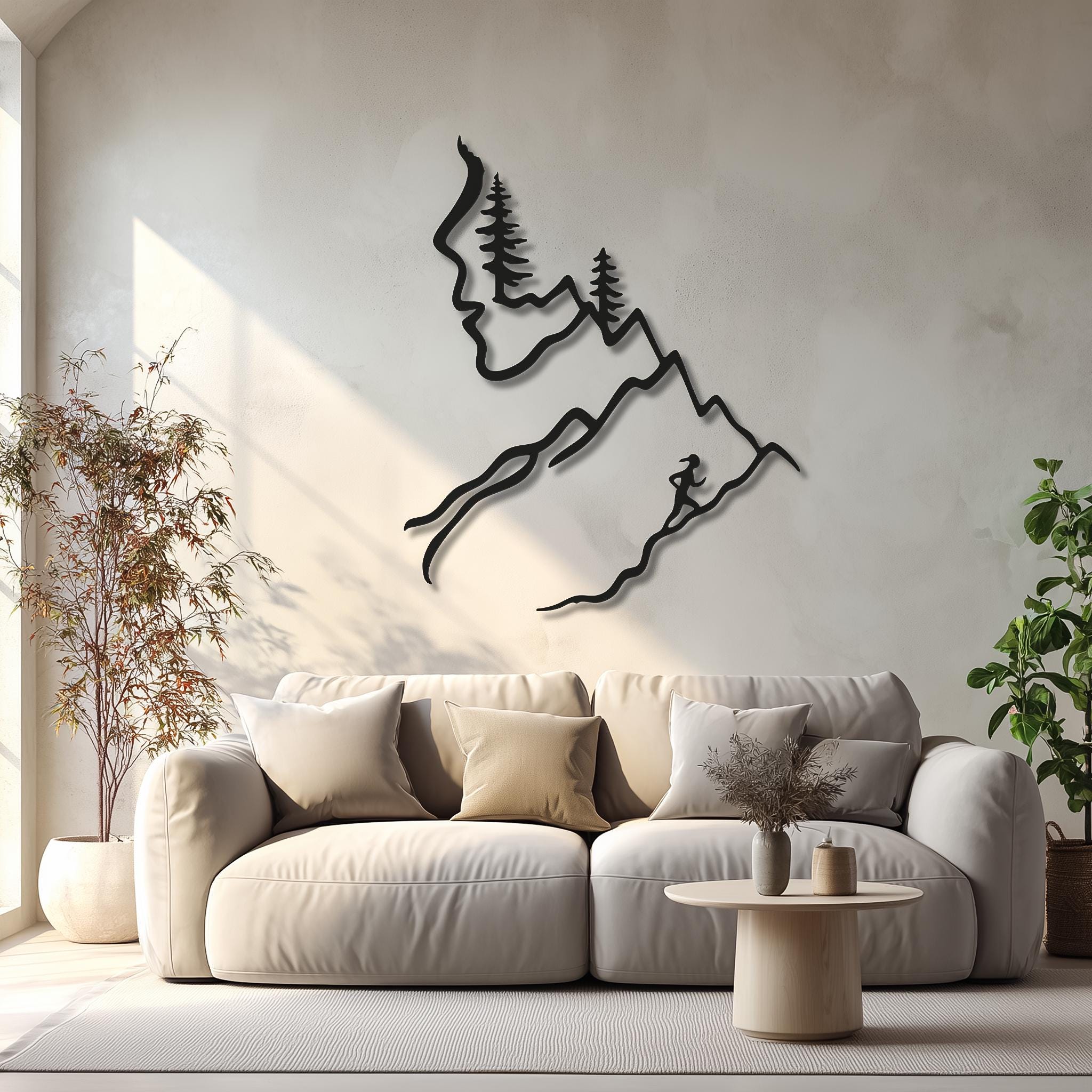 Trail running woman metal wall art displayed in a modern interior.