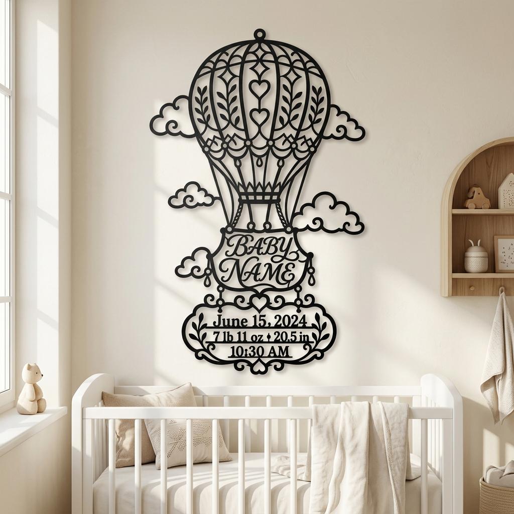 Personalized baby birth stats metal wall art in a warm nursery.