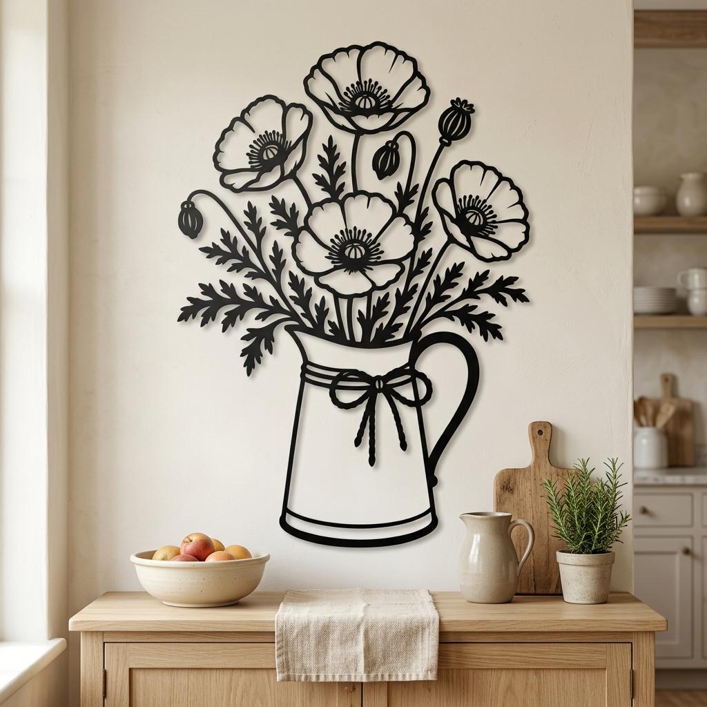 Poppy bouquet metal wall art in a vintage pitcher above a farmhouse console.