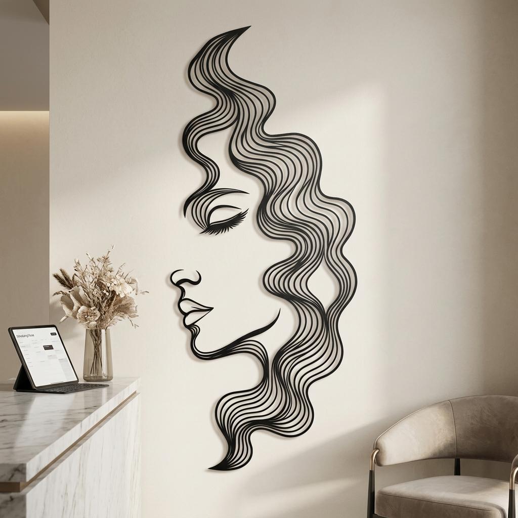 Woman face metal wall art displayed behind a modern hair salon reception desk.