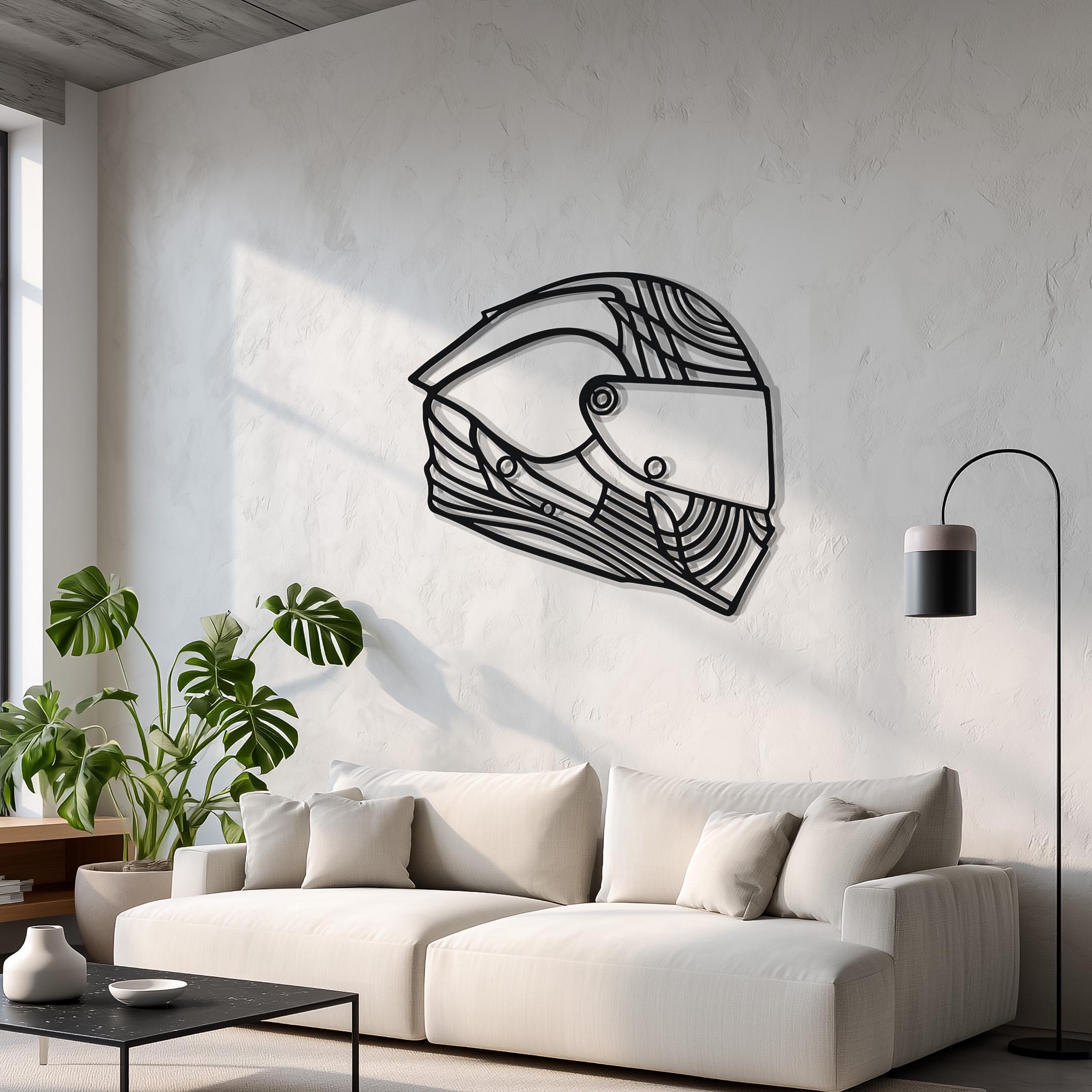 Close-up of helmet design with customizable text area on personalized metal wall decor.