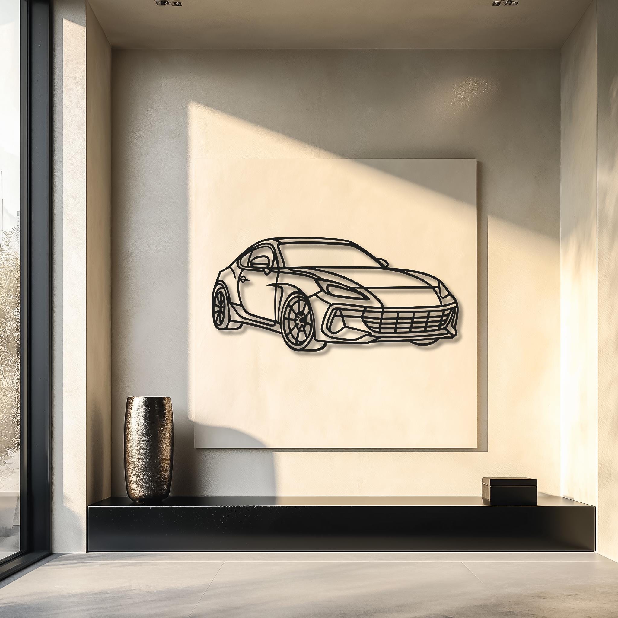 Sport coupe metal wall art mounted on a sunlit panel; matte black powder-coated CNC line art; personalized name/plate optional; modern foyer/entry look with 3D standoff shadow; premium custom car decor; ideal gift for car lovers; photo-to-metal transformation showcased.