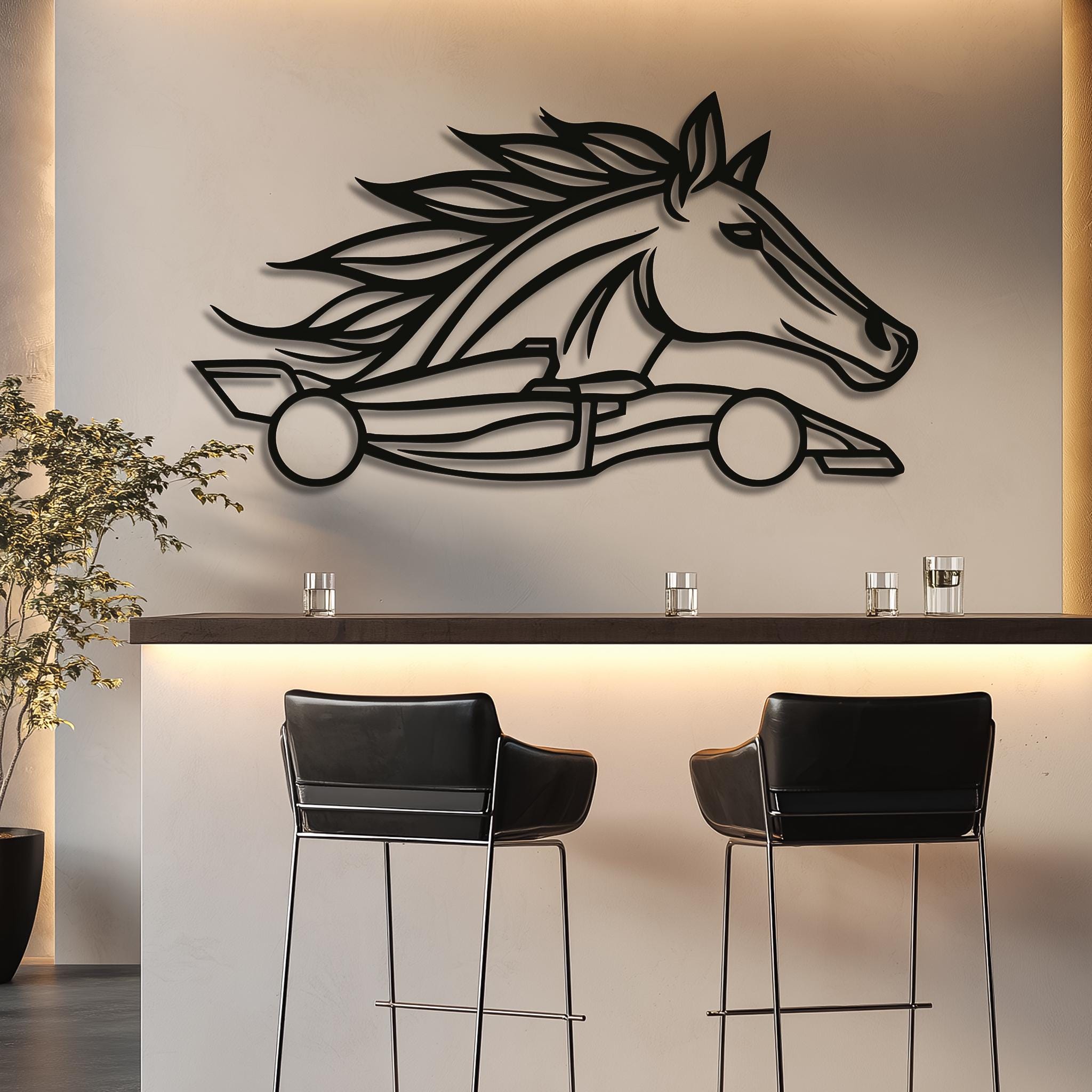 Room-scale view of horse and motorsport metal wall decor.