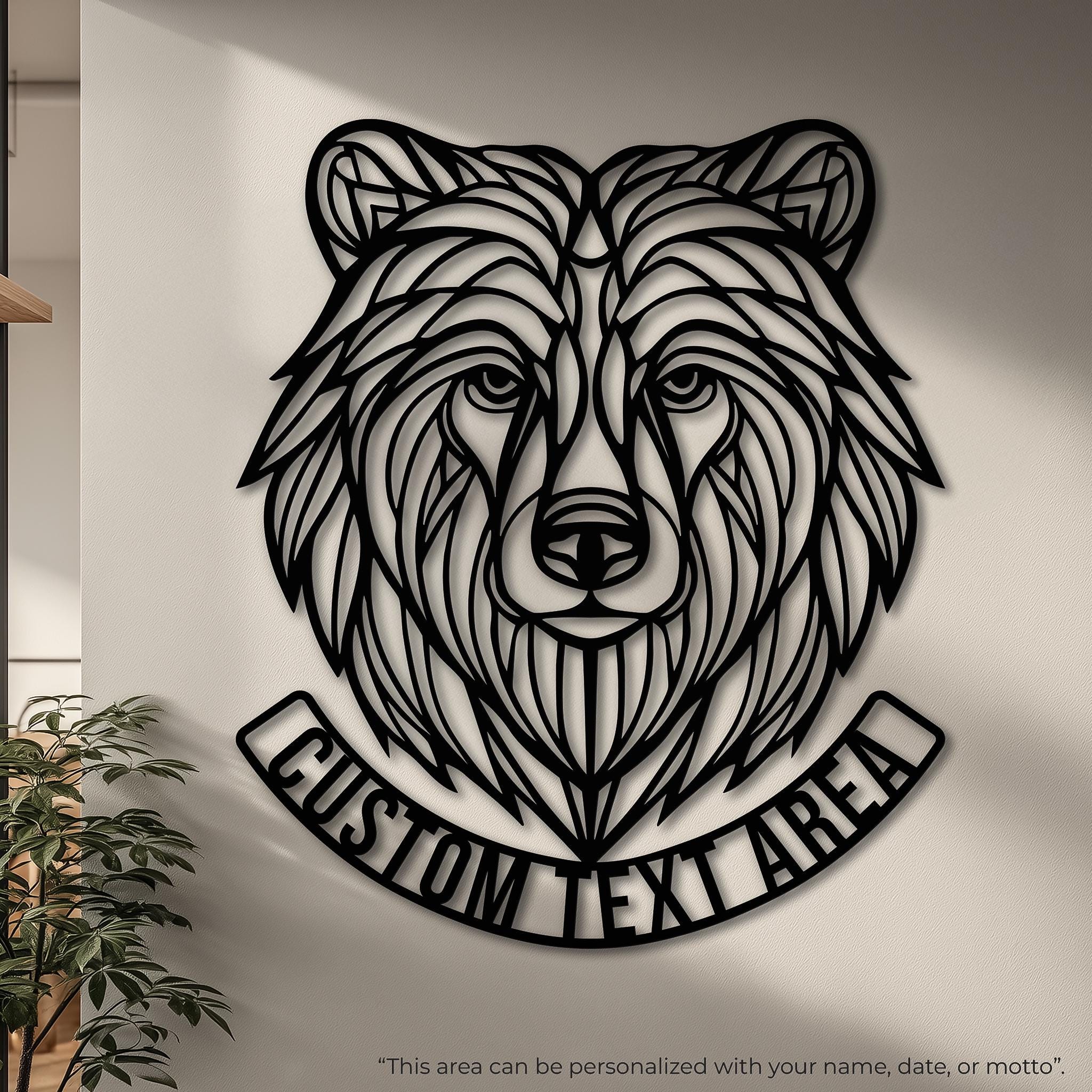 Personalized bear metal wall art with curved name bar; CNC laser-cut black steel line art; sample text 'CUSTOM TEXT AREA'; family name sign for entryway, cabin, housewarming; handmade.