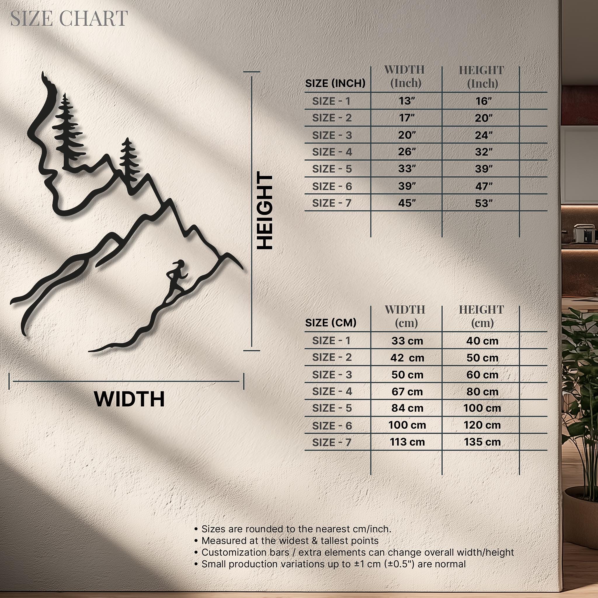 May include: Black metal wall art depicting a mountain range with a hiker and trees. The size chart shows dimensions in inches, with the smallest size being 13" wide and 16" high.