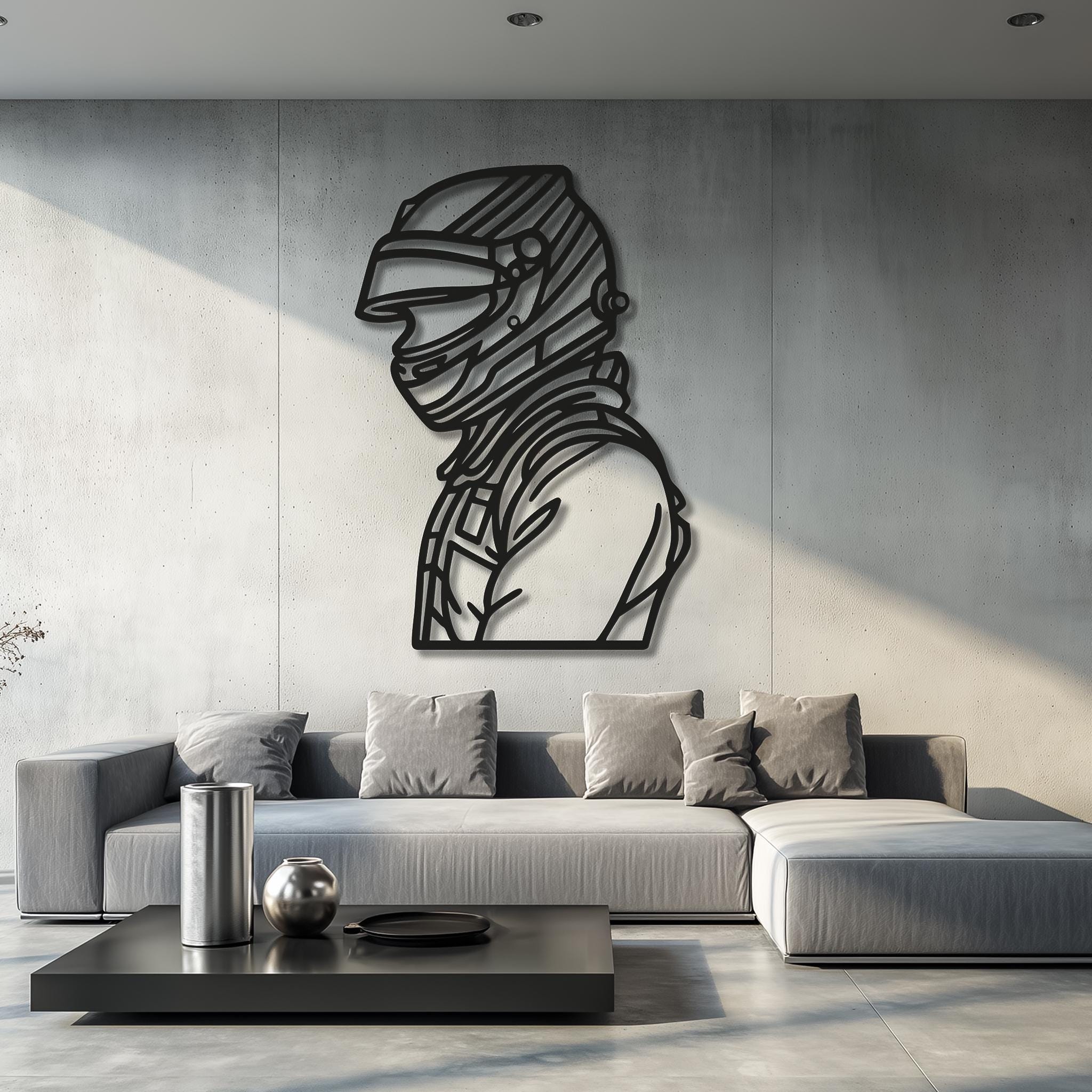 Industrial wall with handcrafted race track metal art silhouette. Motorsport decor set for garage or racing team wall accent.