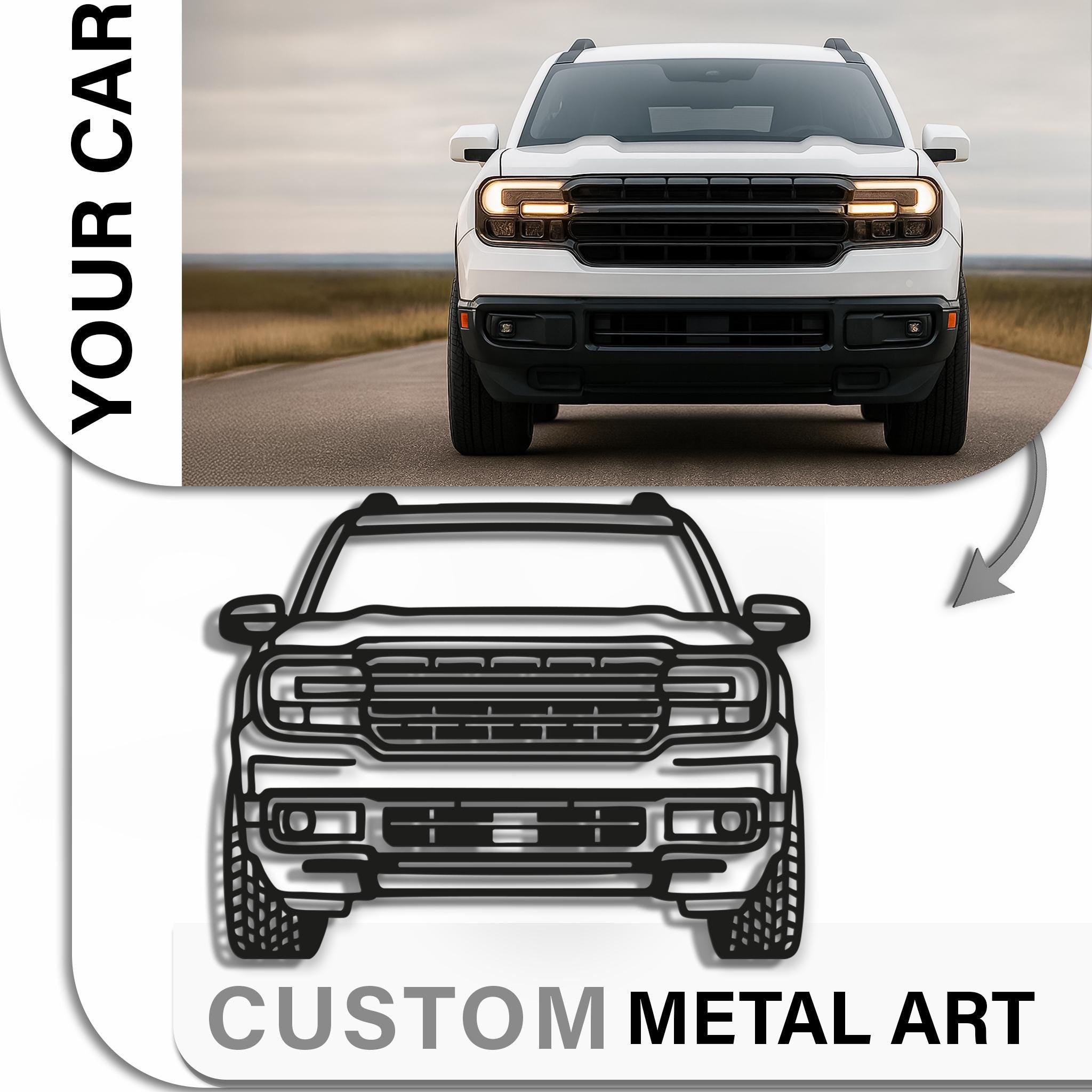 Custom SUV metal wall art crafted from your photo. Bold front-view outline, matte-black powder-coat. Premium décor for garage or office. Short text/number plate optional.