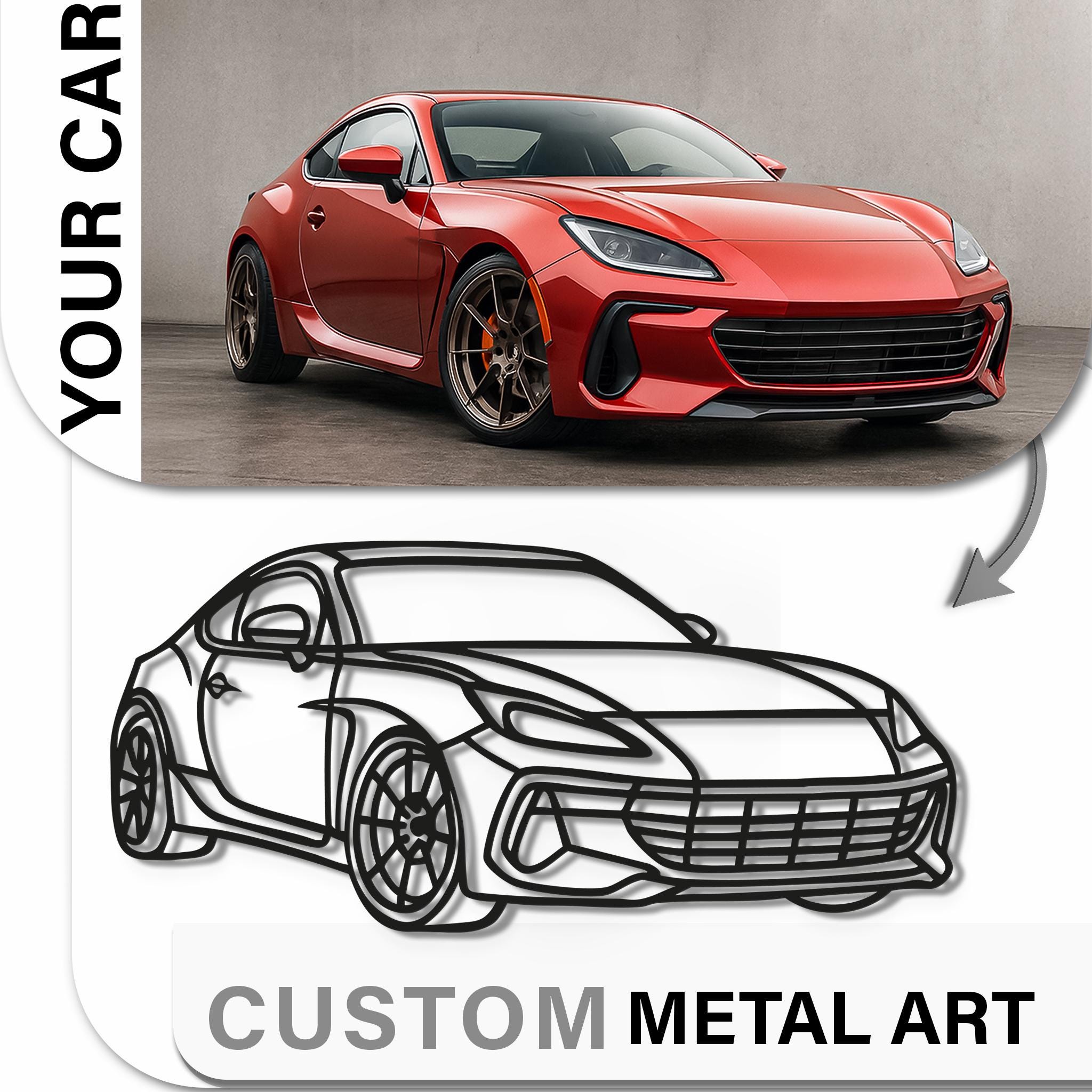 YOUR CAR → CUSTOM METAL ART mockup with a red sports coupe; clean vector line art in matte black, CNC laser-cut; personalize with name or plate; premium garage decor and man cave wall art; ideal car enthusiast gift; modern minimal style with 3D shadow effect.