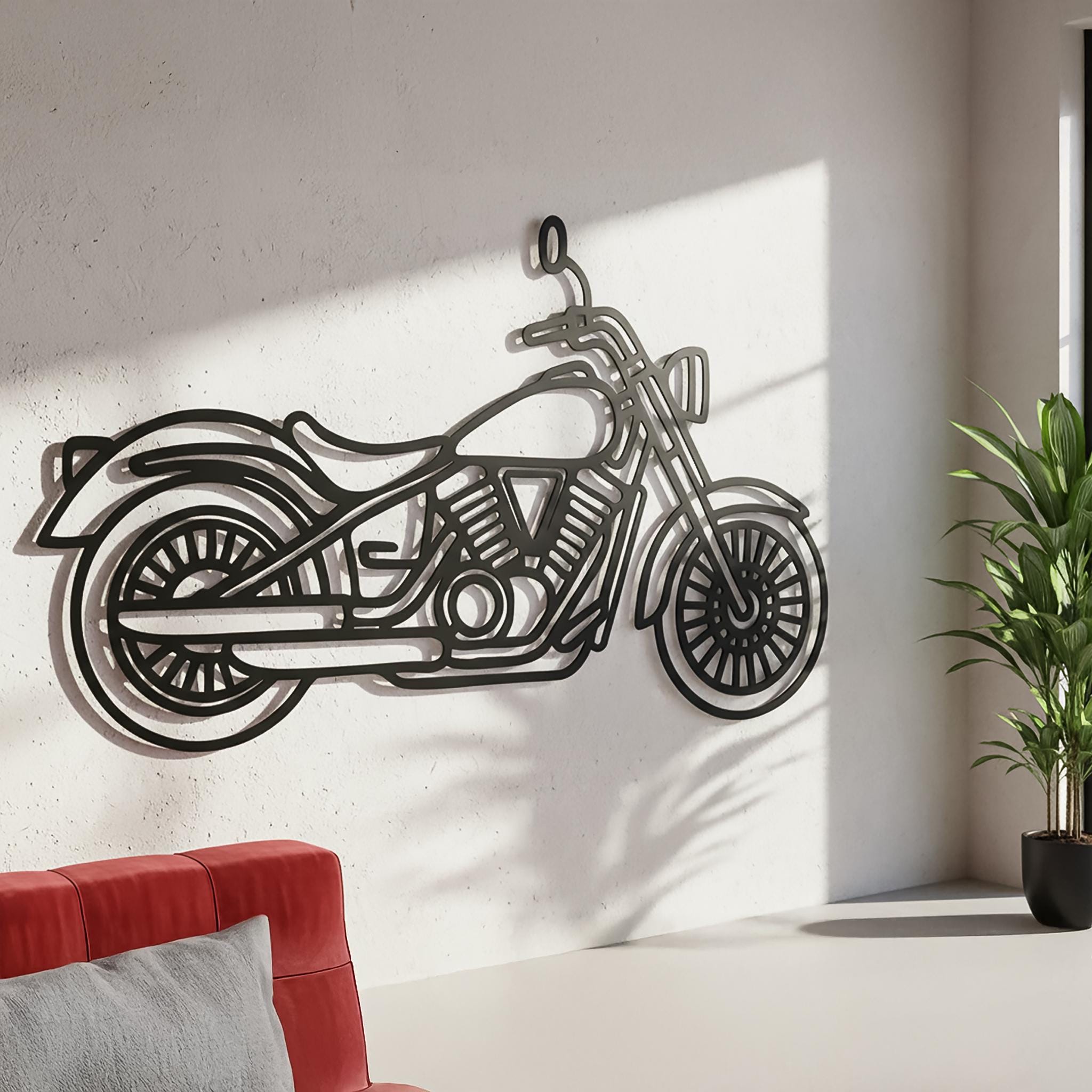 Classic cruiser motorcycle metal wall art on a bright white wall near window light; matte-black, powder-coated CNC lines with strong stand-off shadow; perfect for living room, garage or man cave; customizable name/plate gift for riders.