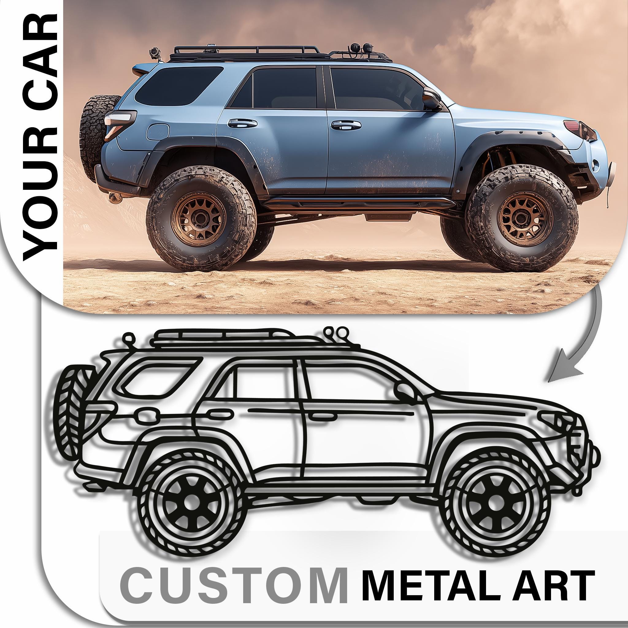 Before/after collage: lifted SUV transformed into personalized metal wall art silhouette. Matte-black finish, spare-tire and overland details. Custom plate/name area. Unique garage or home office decor; great gift for 4x4 owners.