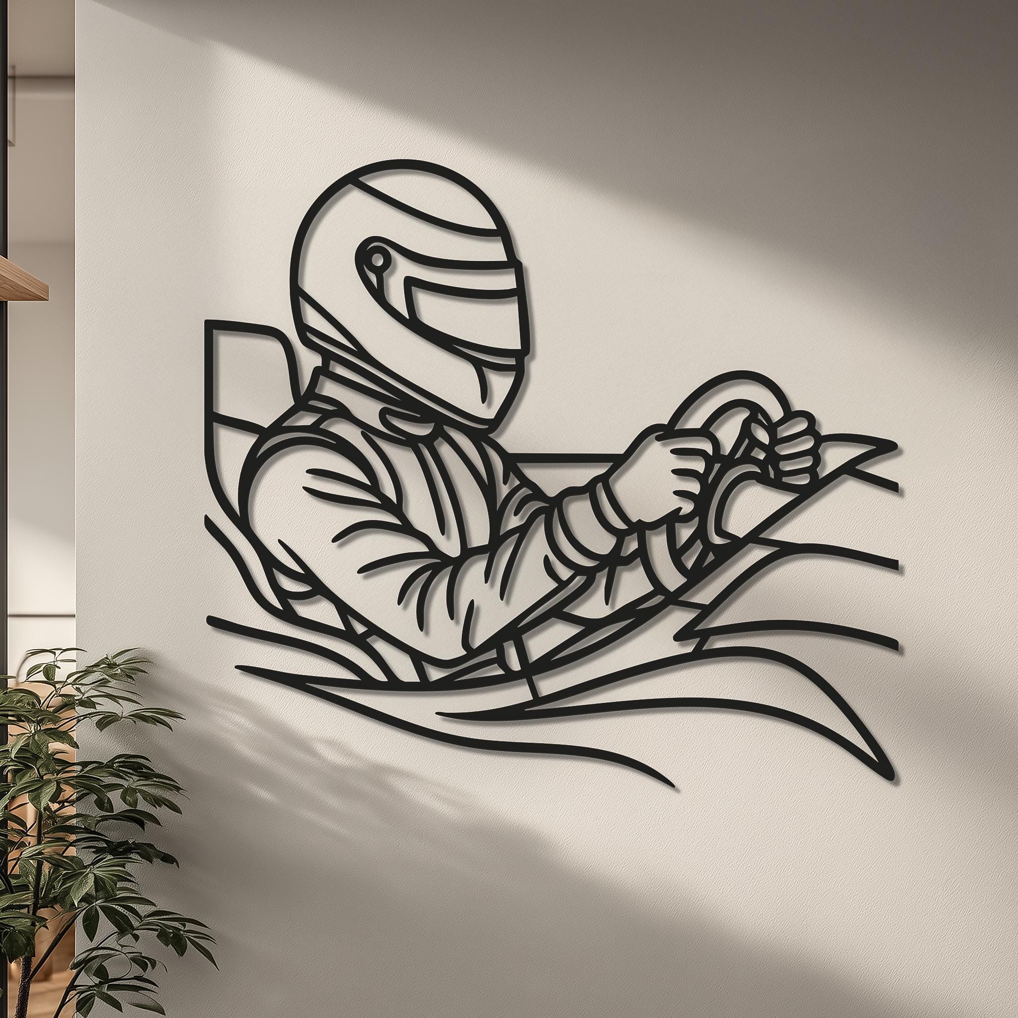 Close-up view of racing driver CNC metal wall art; matte black powder-coated lines with dynamic motion streaks; large 1m+ statement for modern interiors; perfect car enthusiast gift and motorsport decor; ready to hang.
