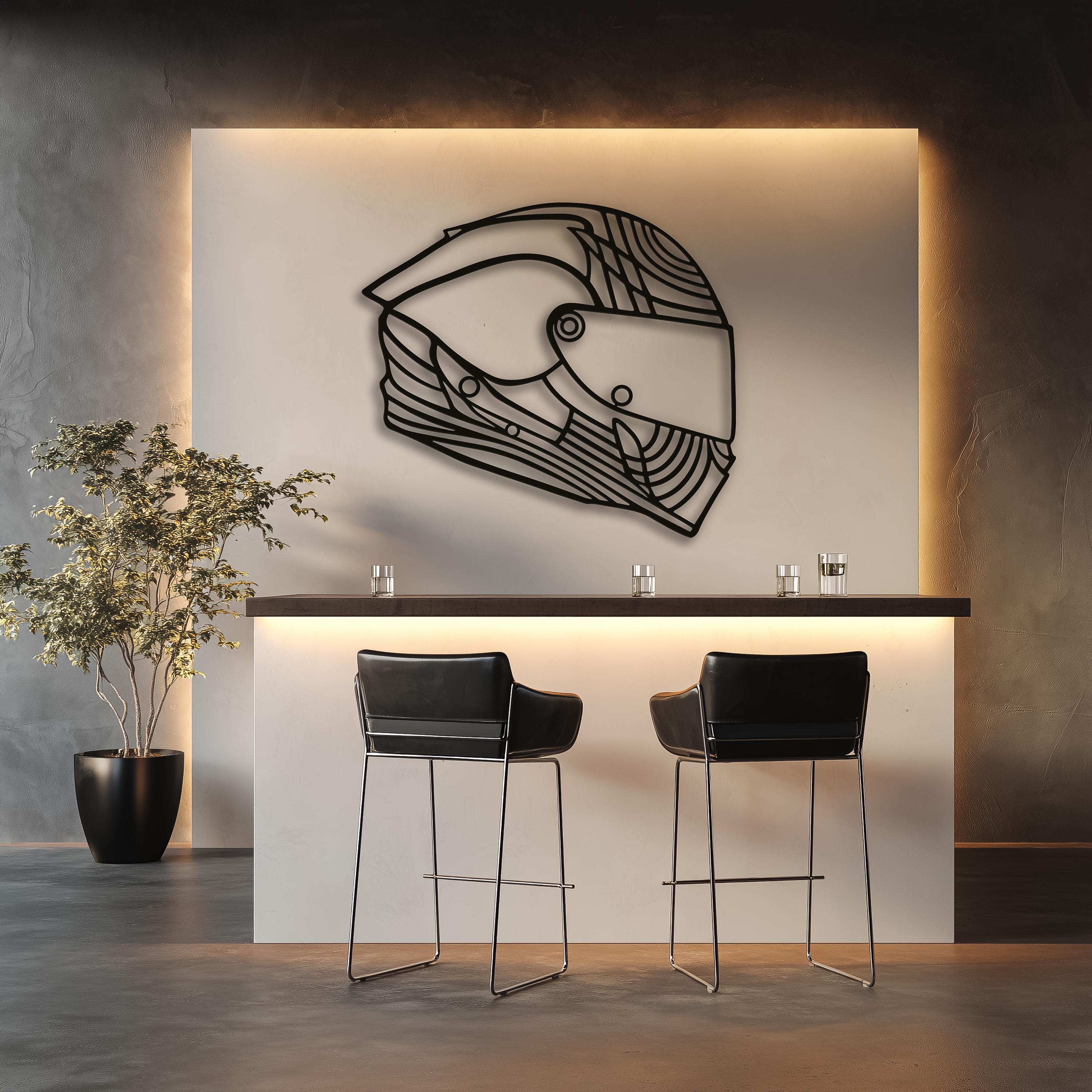 Large motorcycle wall art helmet piece displayed above a bar counter, black powder-coated metal.