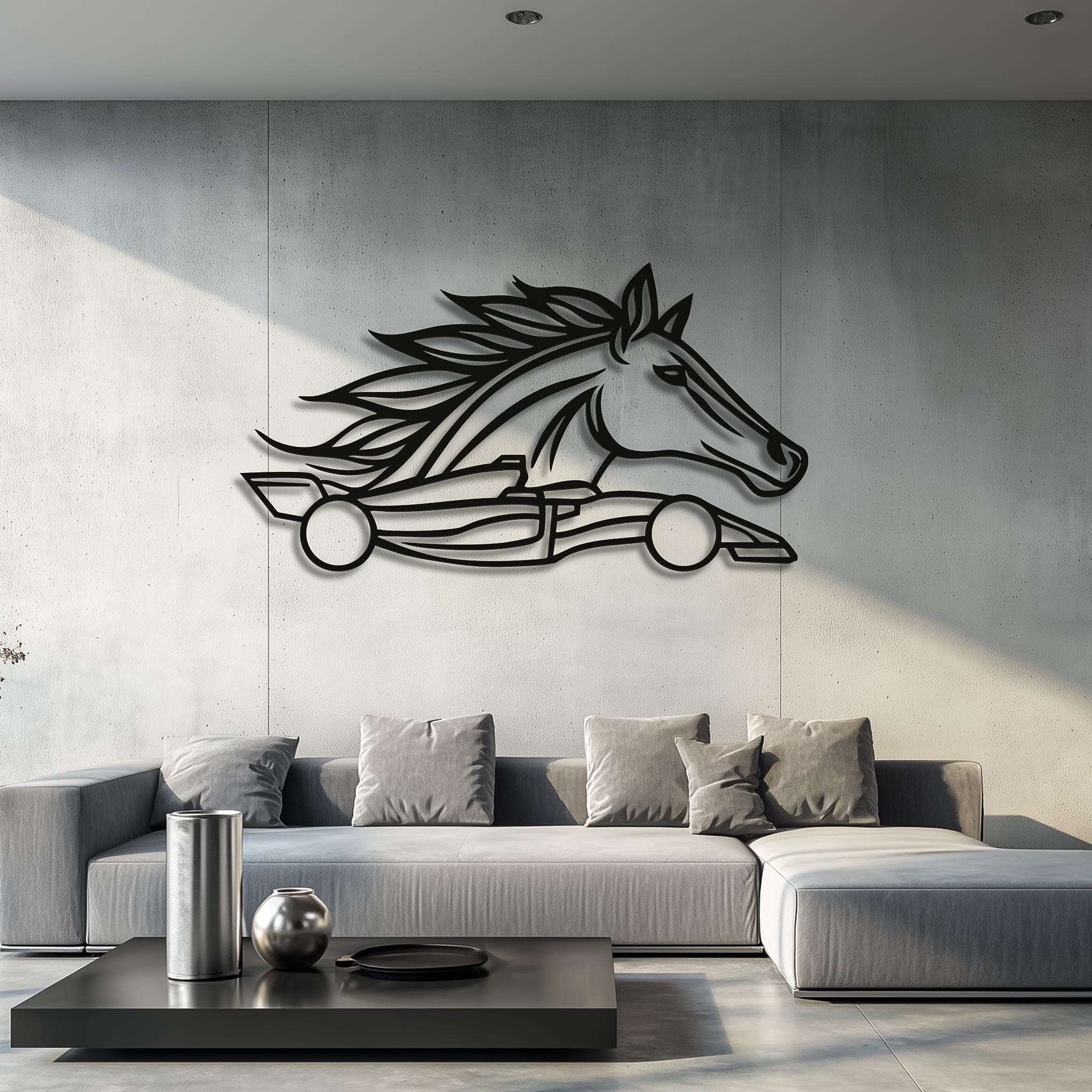 Horsepower metal wall art shown in an interior setting for scale.