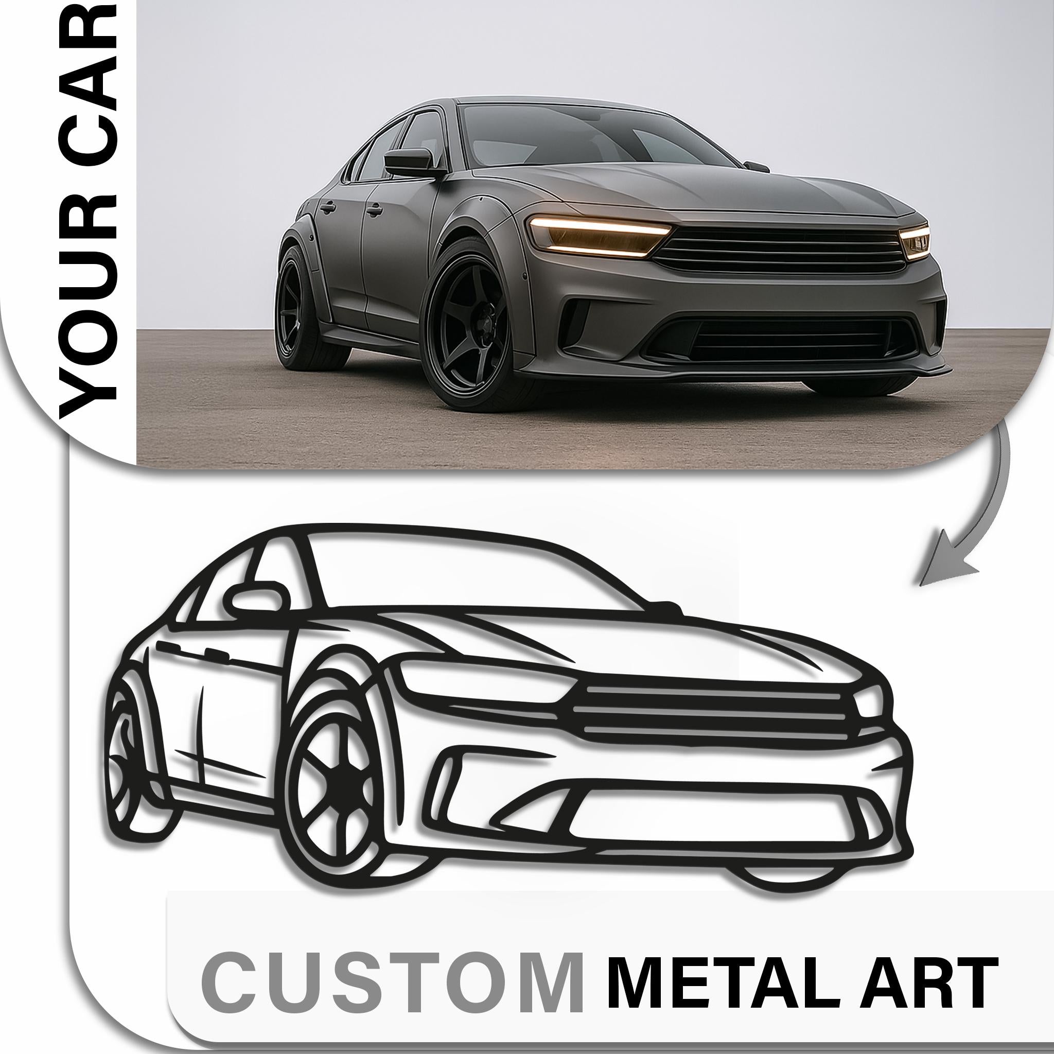 YOUR CAR → CUSTOM METAL ART mockup with matte-gray sports sedan; photo-to-line-art transformation; CNC laser-cut metal, matte black; personalize with name or plate; garage decor, car lover gift; bold thumbnail style.