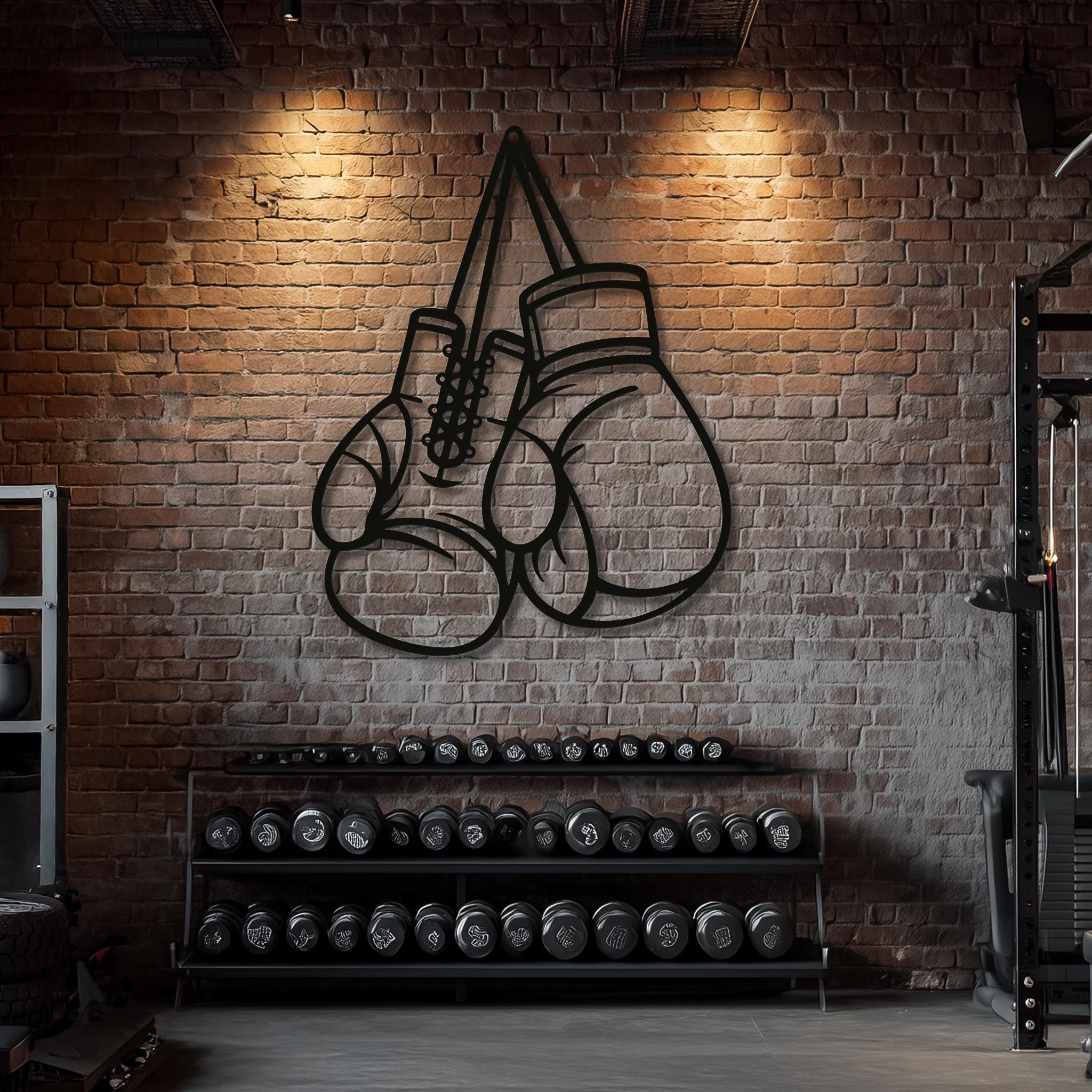 May include: A black metal wall art piece shaped like a pair of hanging boxing gloves with detailed outlines of laces and wrist cuffs. The design is constructed from a single continuous frame and is mounted on a white brick wall in a gym setting.