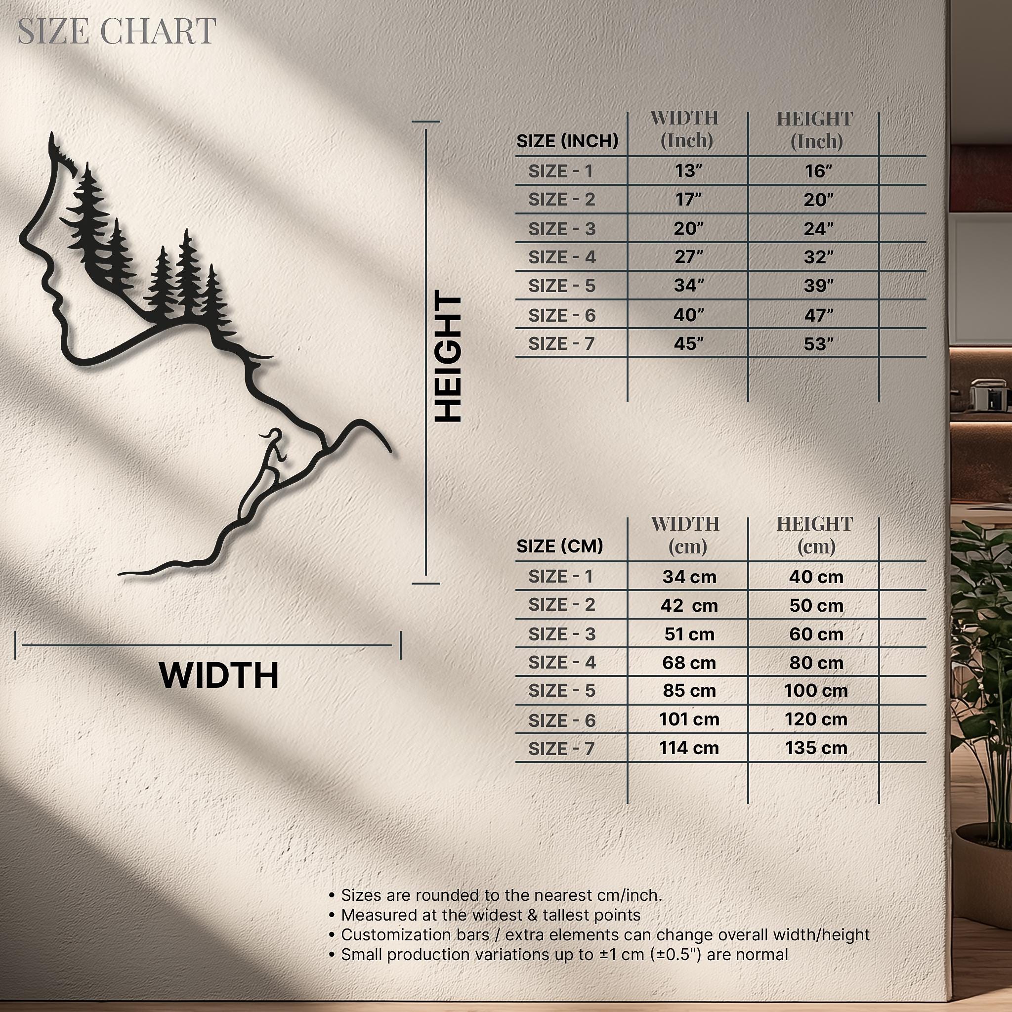 May include: Black metal wall art depicting a mountain scene with a person climbing. The art piece includes a size chart with measurements in inches and centimeters, ranging from 13" x 16" to 45" x 53".