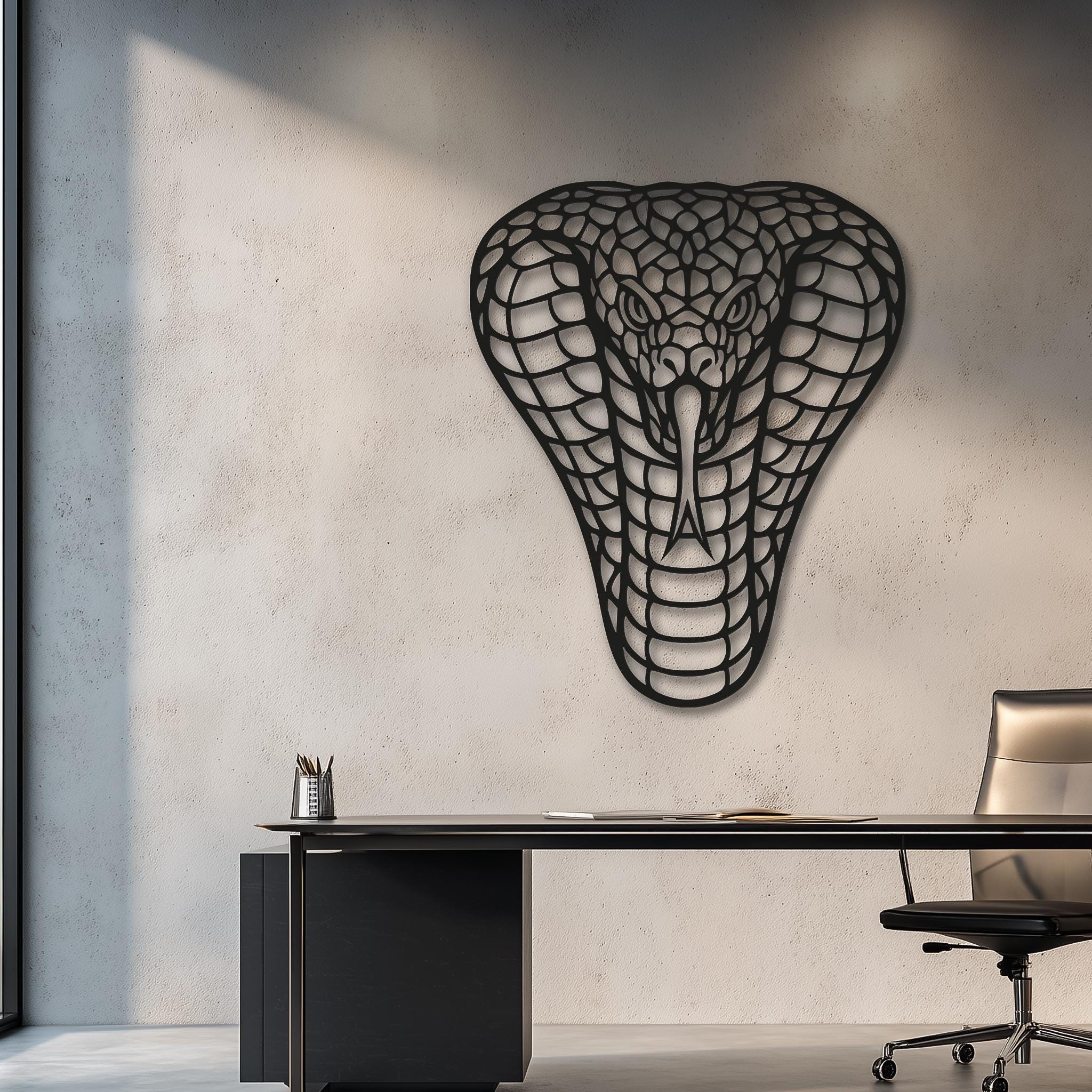 Cobra metal wall art in a sleek office; black laser-cut steel on concrete wall; executive desk scene; bold statement for workspace or study; masculine modern decor