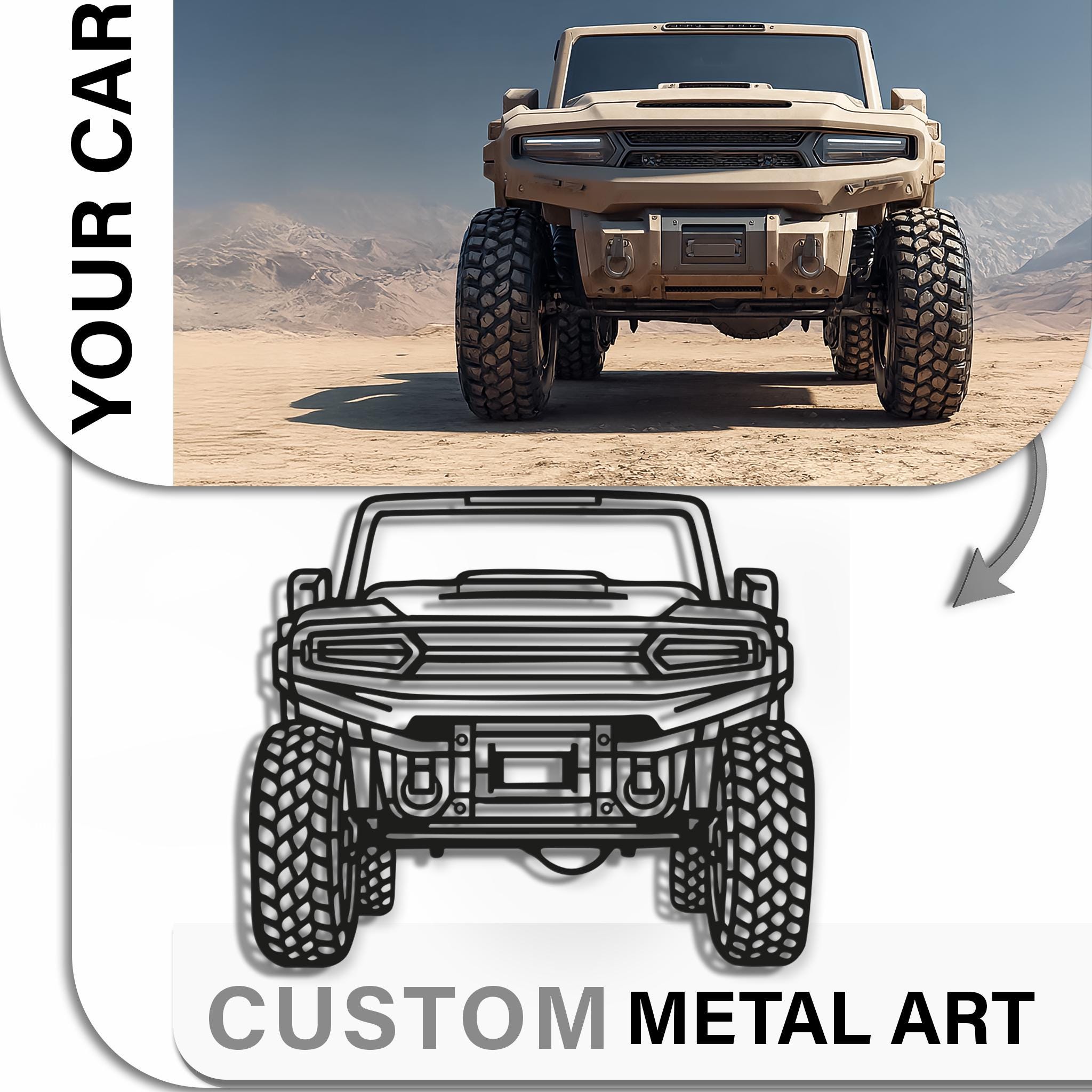 Off-road 4×4 metal wall art from your vehicle photo. Aggressive front stance, bold tires, matte-black finish. Personalized plate optional. Perfect gift for truck fans and garage décor.