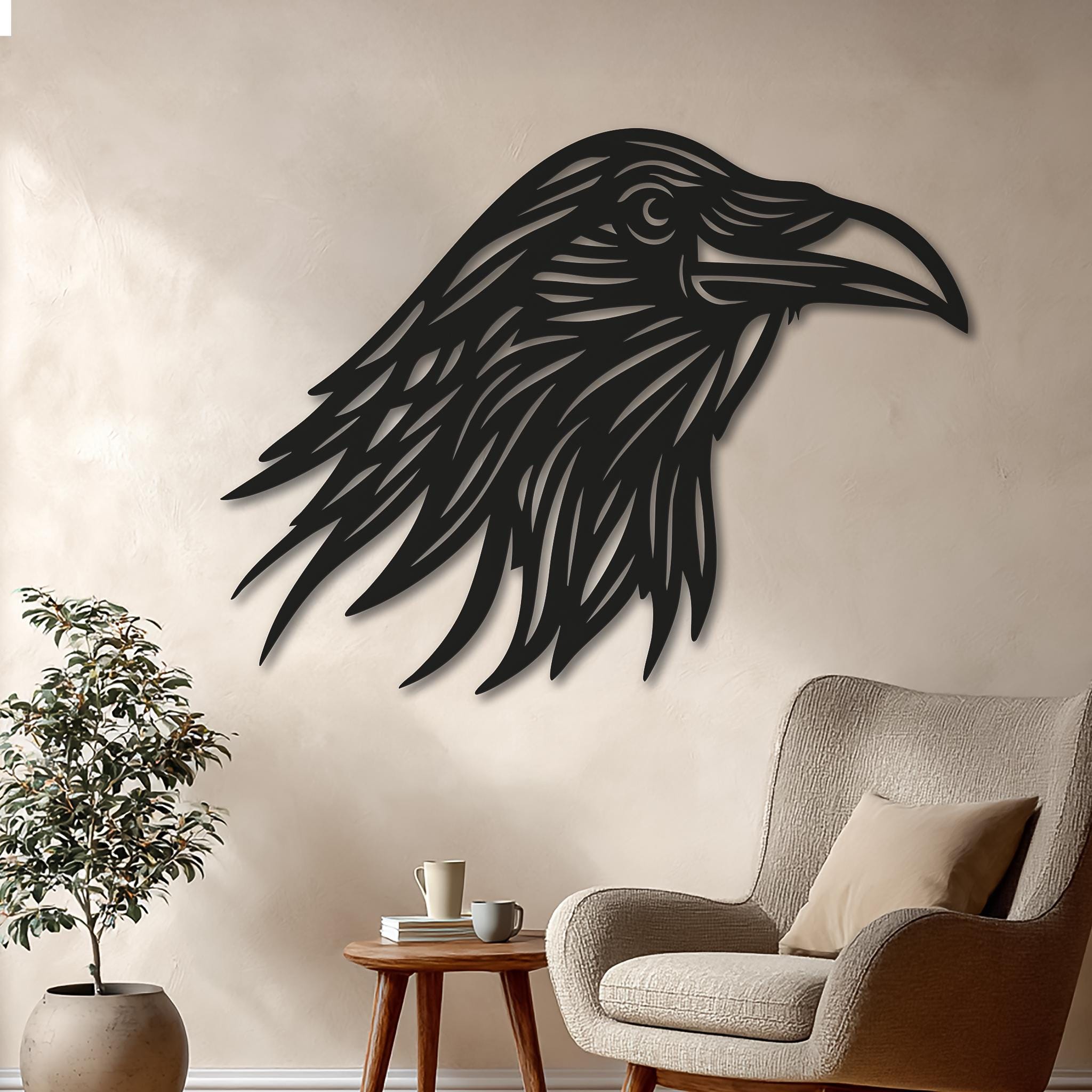 Modern raven metal wall art on concrete wall, CNC cut black steel crow head, industrial minimalist gallery decor, handmade, powder-coated, large statement wall decor.
