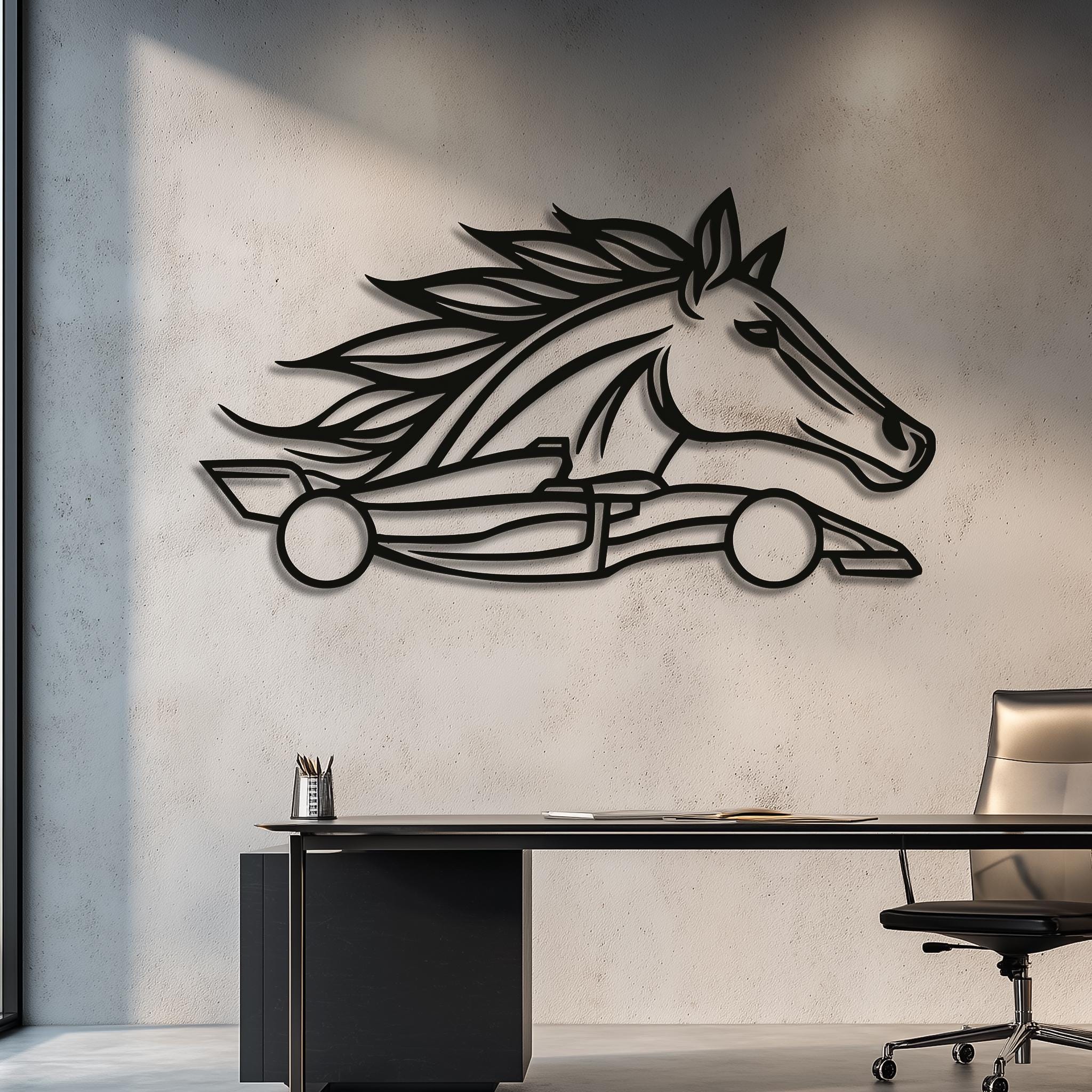 Matte-black horse and racing car fusion wall art detail.