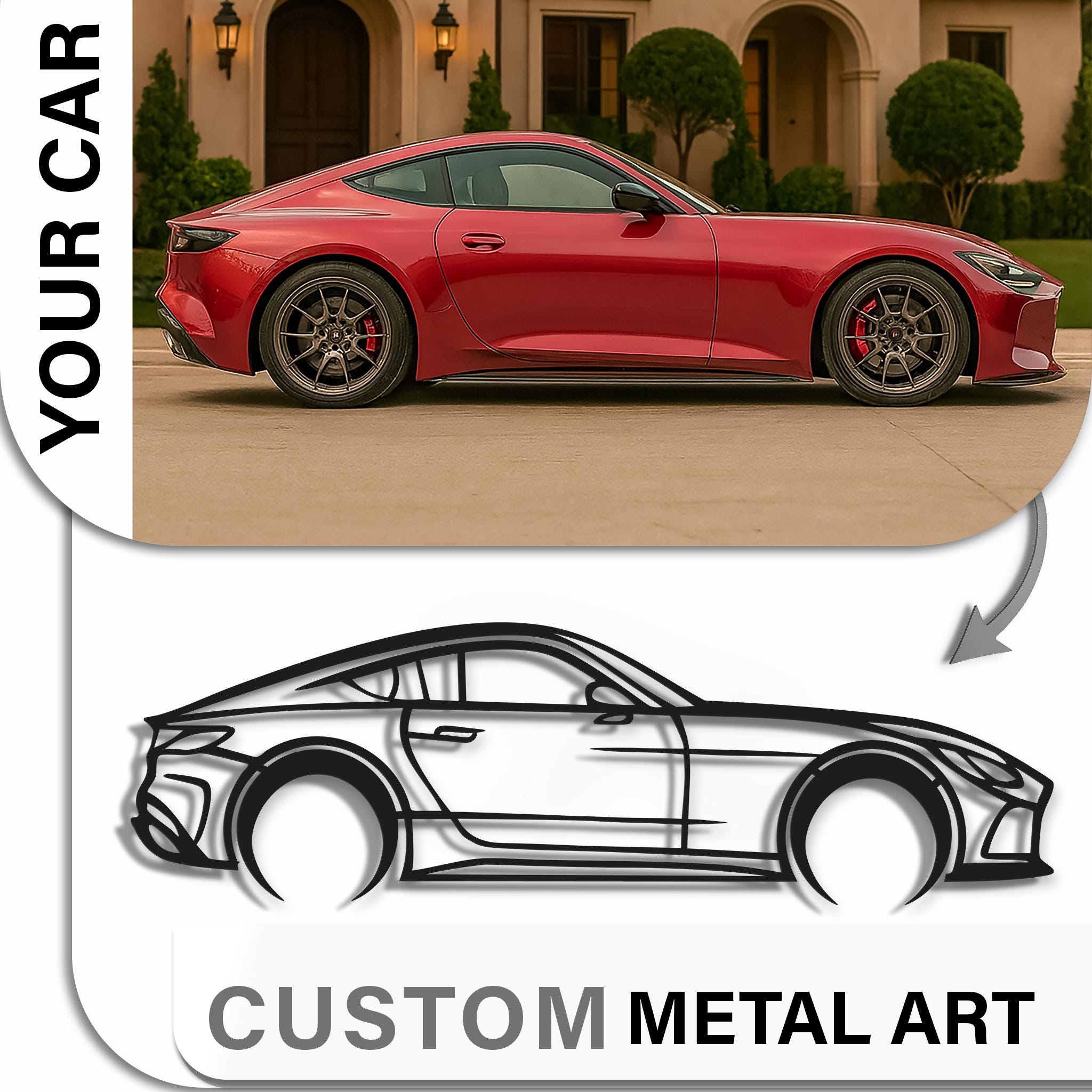 Before/after collage: customer’s red sports coupe photo converted into personalized CNC laser-cut metal wall art outline. Side view, matte-black finish with 2 cm stand-off shadow. Custom car wall decor for garage, man cave or office; gift for car enthusiast; custom plate/name available.