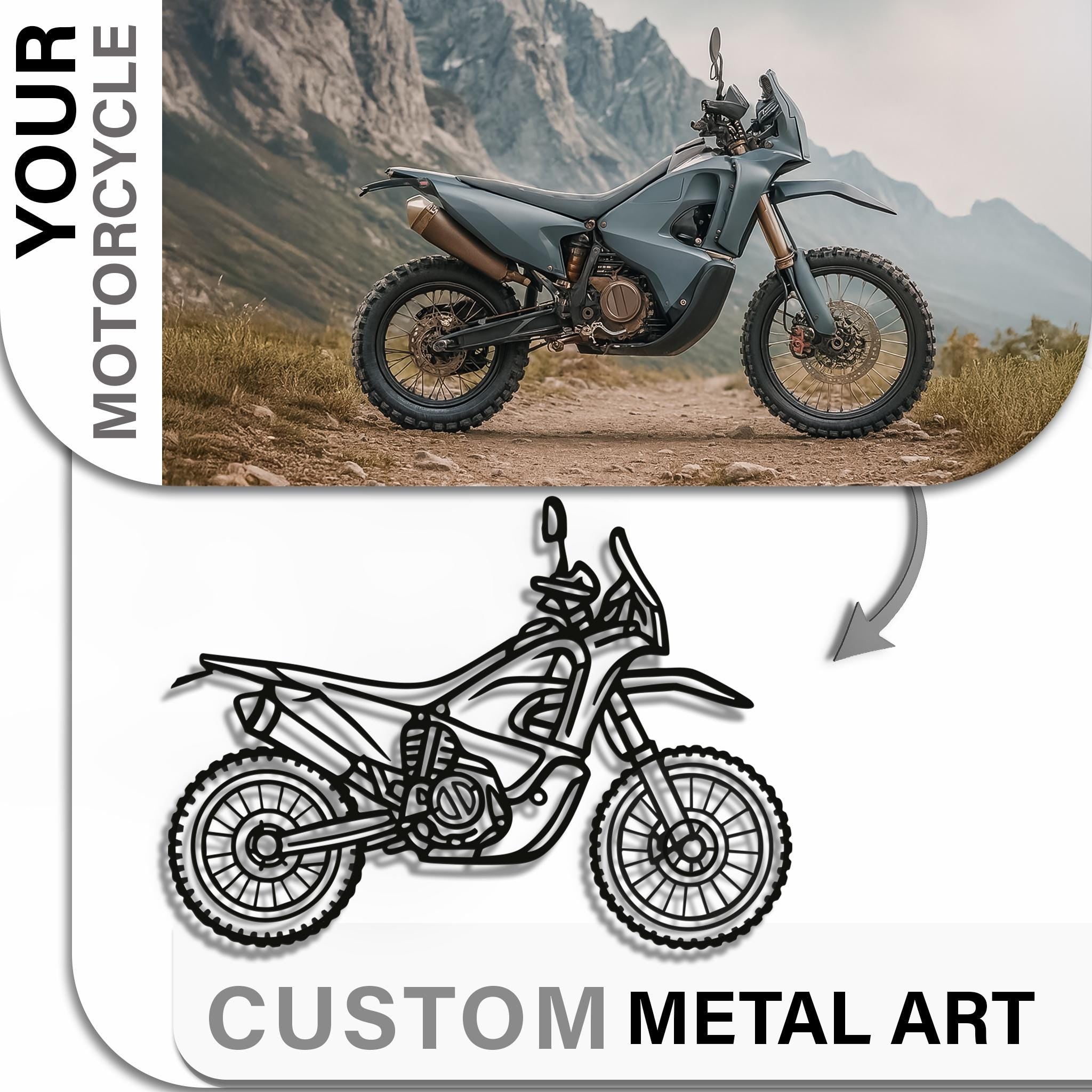 Custom from your motorcycle photo → enduro outline as CNC-ready metal art; clean line work, 2 cm stand-off shadow; unique personalized gift; send your bike photo to match details.