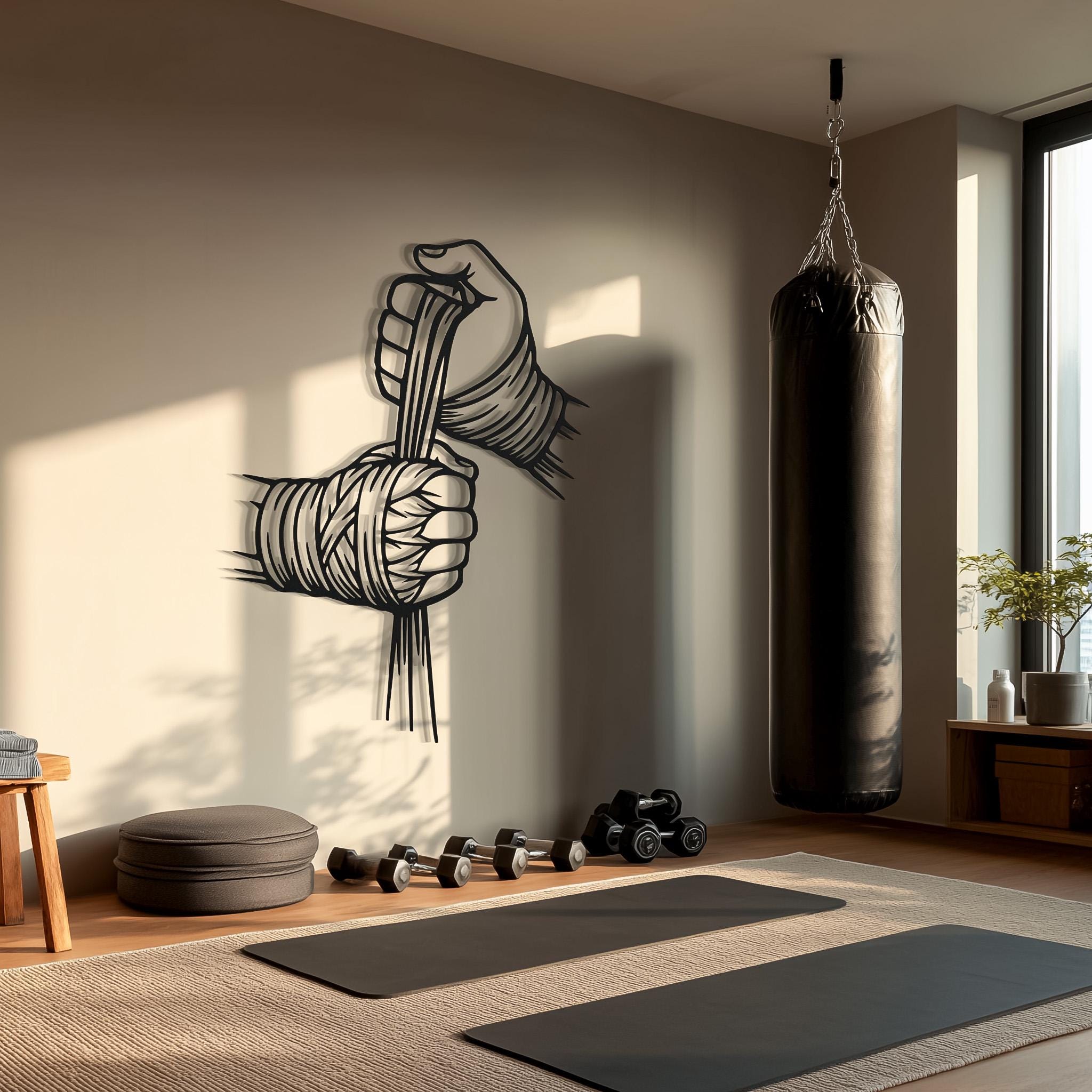 May include: A black metal wall art piece depicting two hands wrapped in boxing hand wraps, with one hand positioned above the other, pulling a series of vertical lines downward. The design features bold, clean lines and a matte black finish.
