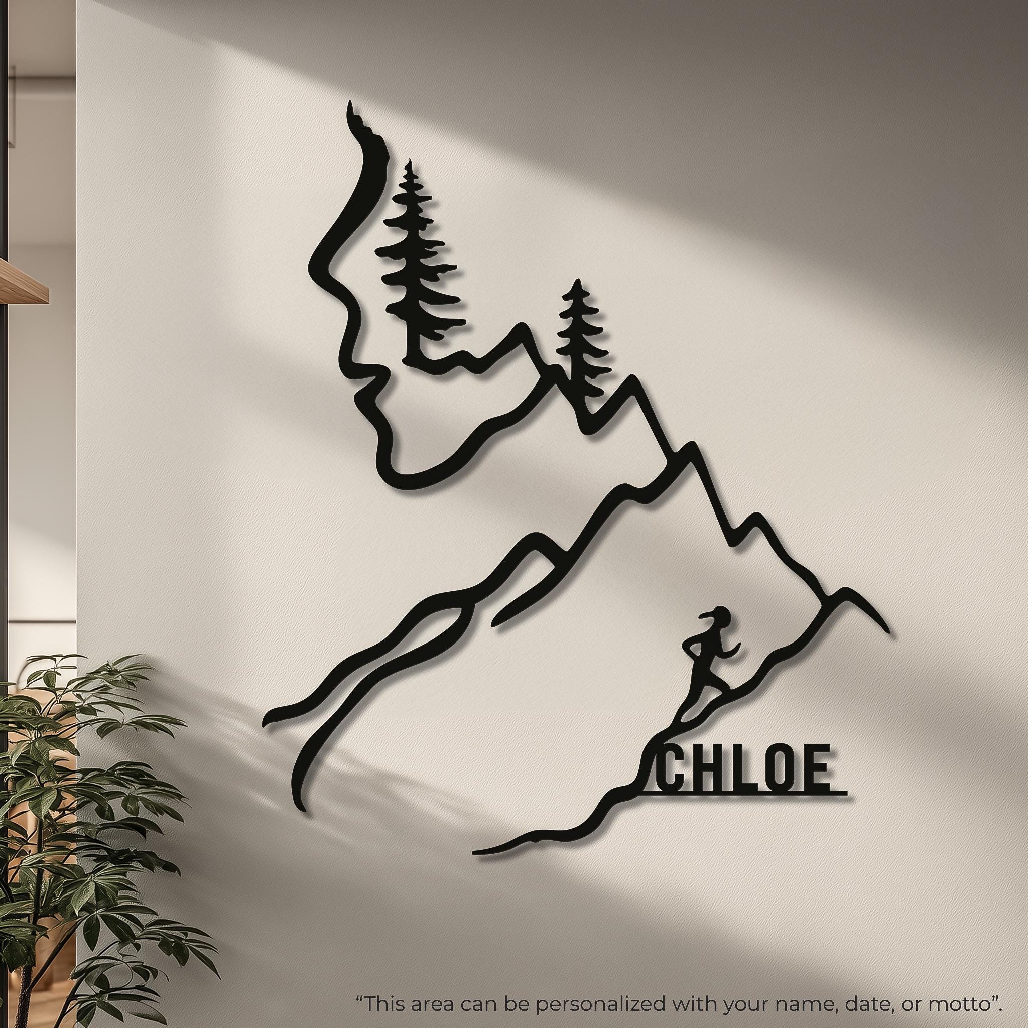 Personalized trail runner wall art with name “CHLOE” on lower line, custom female runner gift and runner mom gift, unique mountain wall art for home.