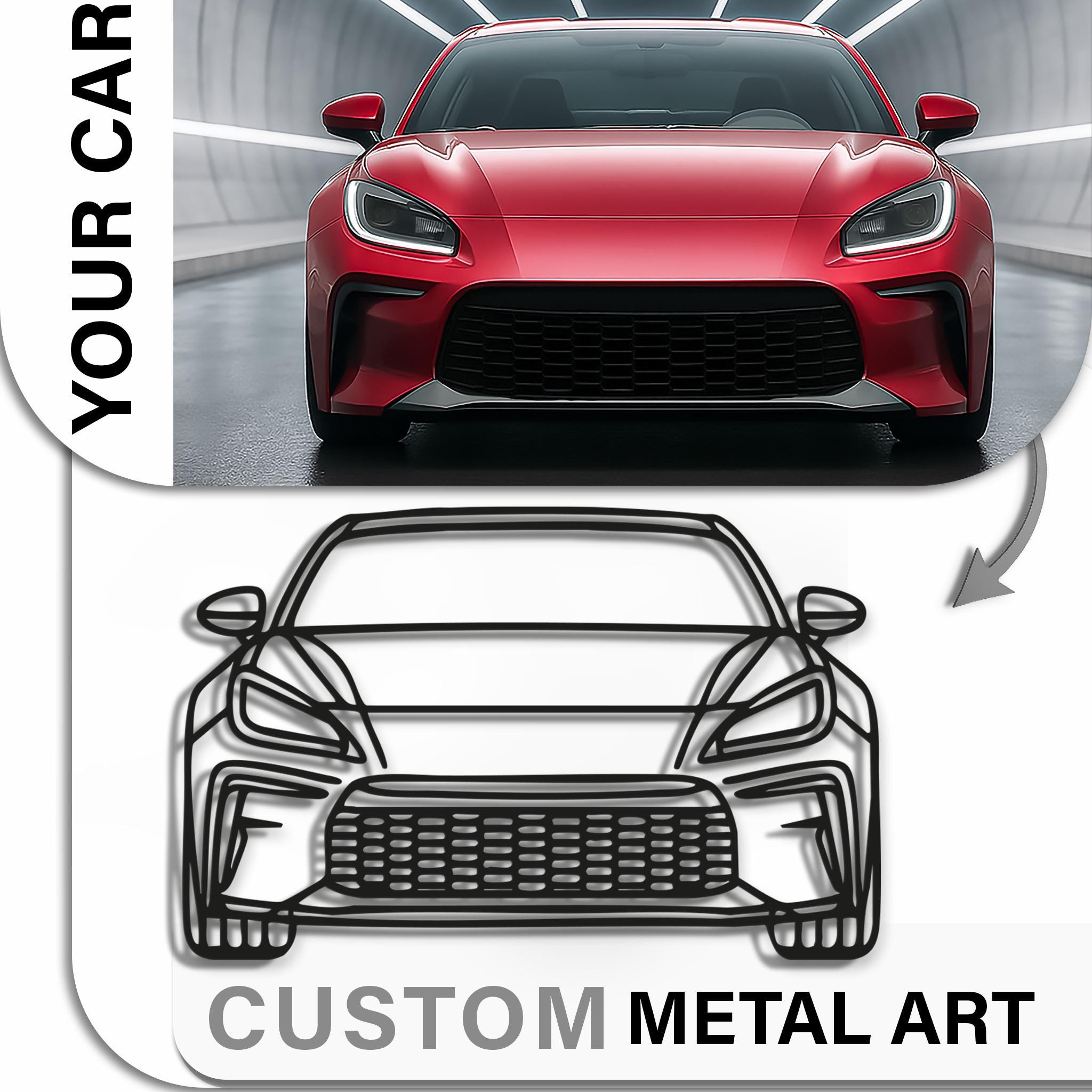 Custom car metal wall art from your photo. Front-view outline, matte-black powder-coated CNC laser cut, ready to hang. Personalized model/year or text. Perfect for garage, man cave or office décor. Premium gift for car lovers.