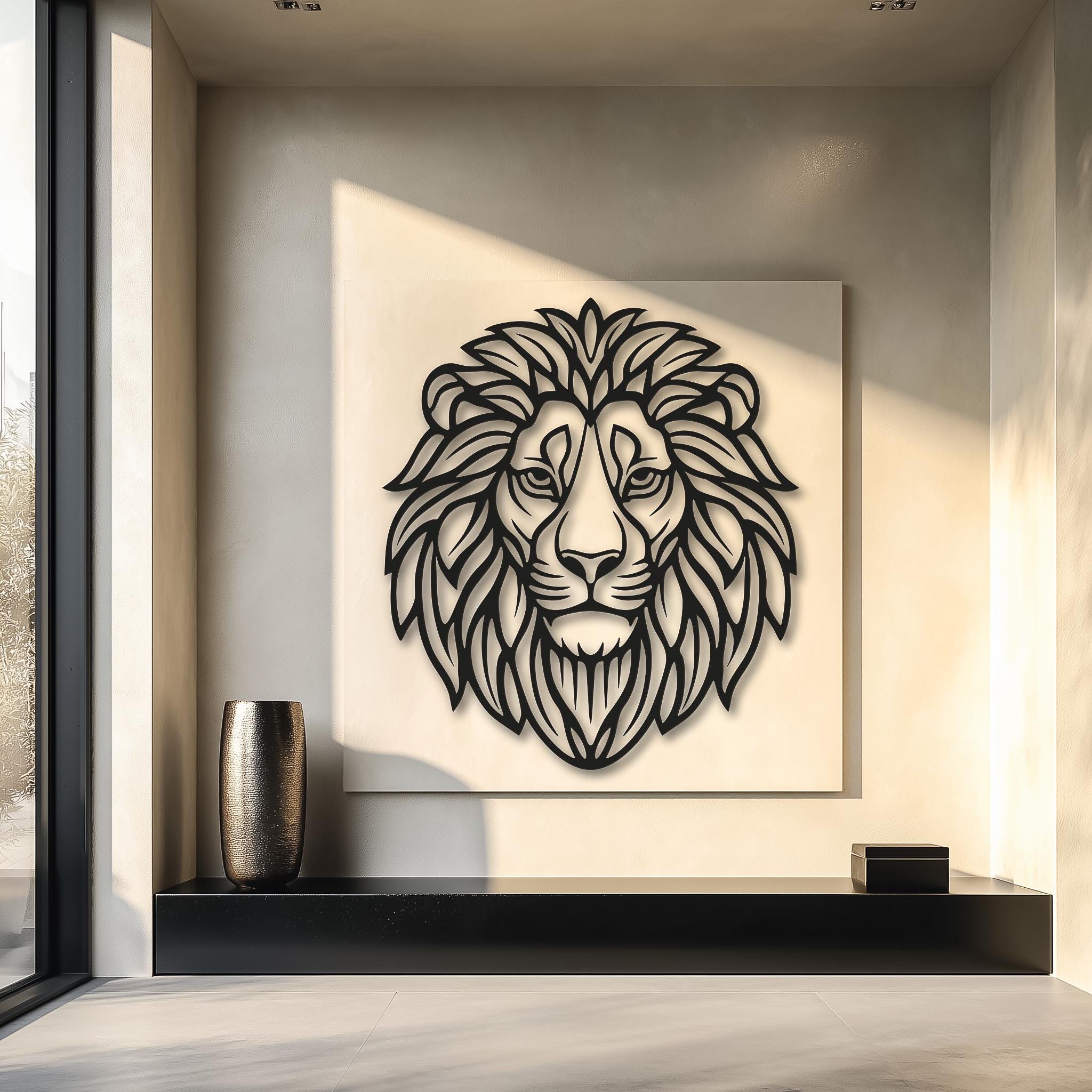 Minimal luxury interior with lion metal wall decor. CNC laser-cut black steel, clean silhouette and shadows. Perfect for foyer or living room; leadership and strength symbol; large wall art, ready to hang.