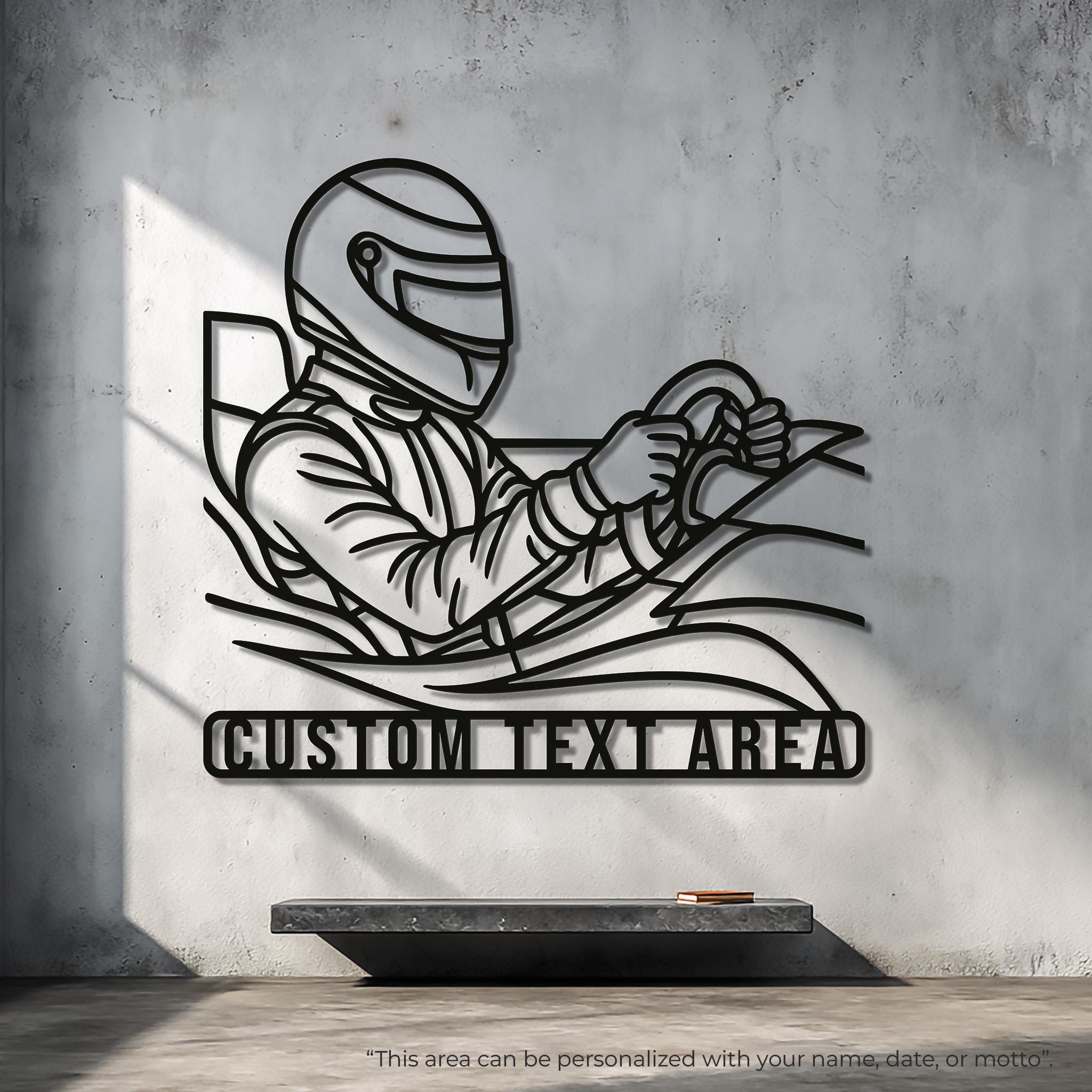 Personalized racing driver metal wall art with a custom text bar; CNC laser-cut matte black lines, oversized 1m+ statement above console; motorsport home decor for living room, office or man cave; ready-to-hang, premium powder coat; ideal gift for car lovers and racers.