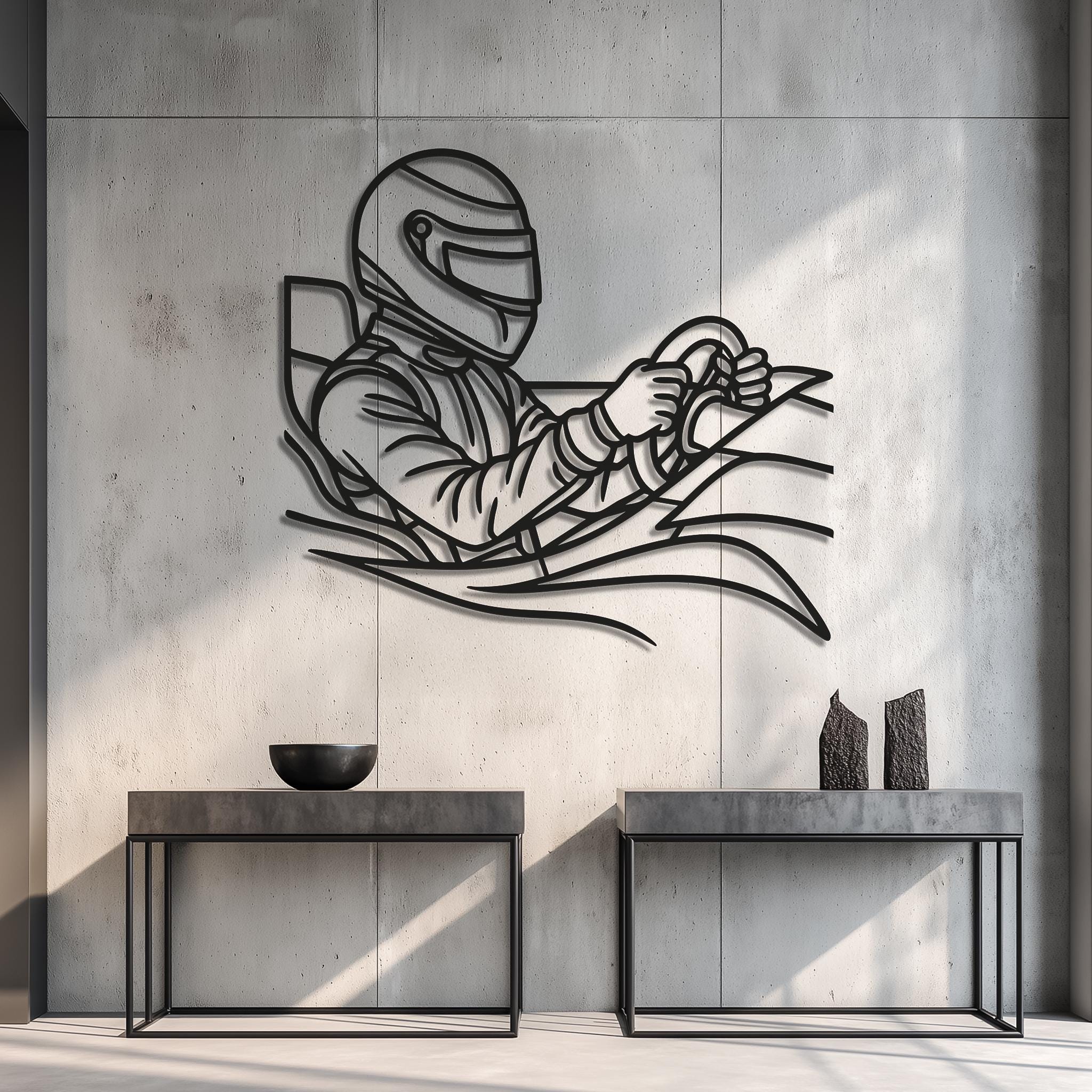 Racing driver metal wall art on concrete panels; crisp contours and 3D shadow; matte black CNC line art; oversized focal decor for living room or hallway; motorsport gift, car guy wall decor, ready-to-hang, powder-coated.