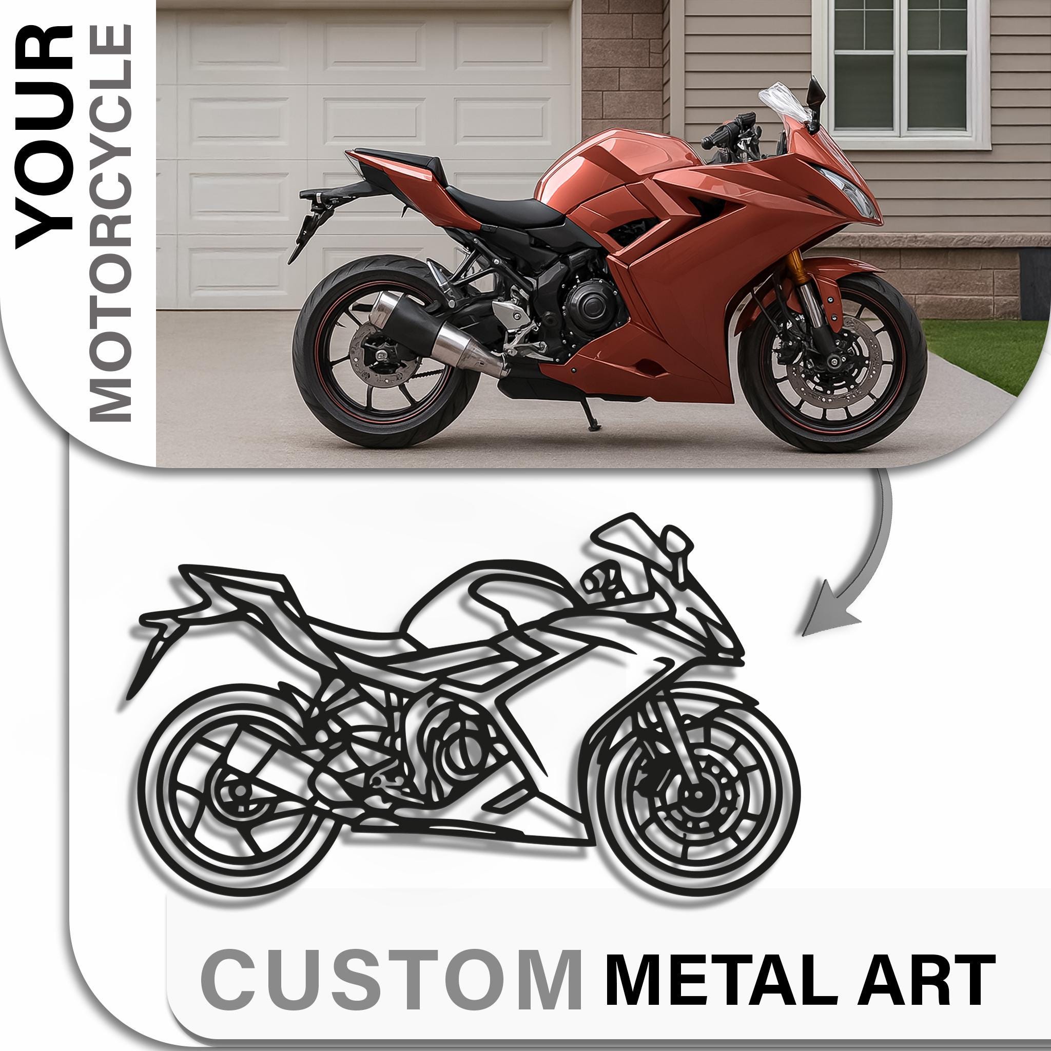 Custom from your sportbike photo → CNC-laser metal wall art; dynamic fairing lines and disc details; ideal for racing fans; optional custom race number or name.