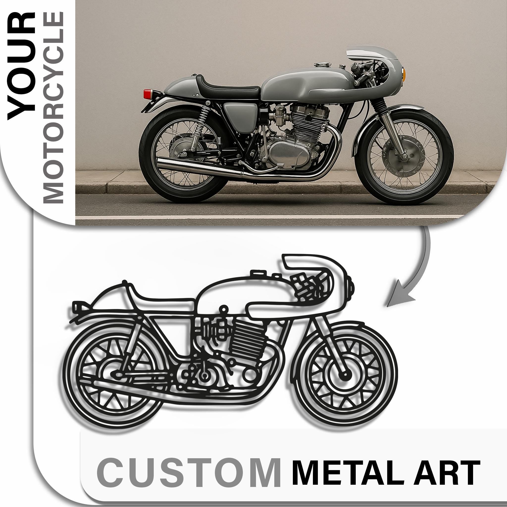 Custom from your café racer photo → vintage-style metal wall art; matte-black, closed paths, wall stand-off; add year or rider name; perfect retro gift.