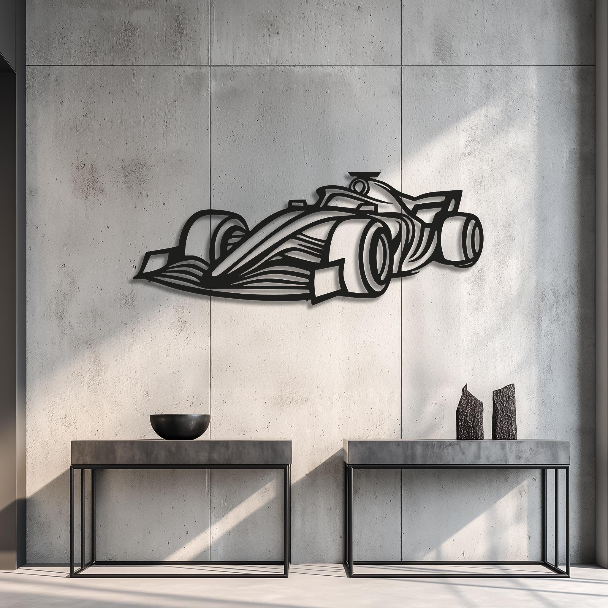 Sleek open-wheel race car metal wall art in matte-black on a sunlit entry niche. Clean bench and warm light emphasize the 3D shadow. Motorsports racing décor; customizable with name or number; ideal for hallway or loft; ready to hang.
