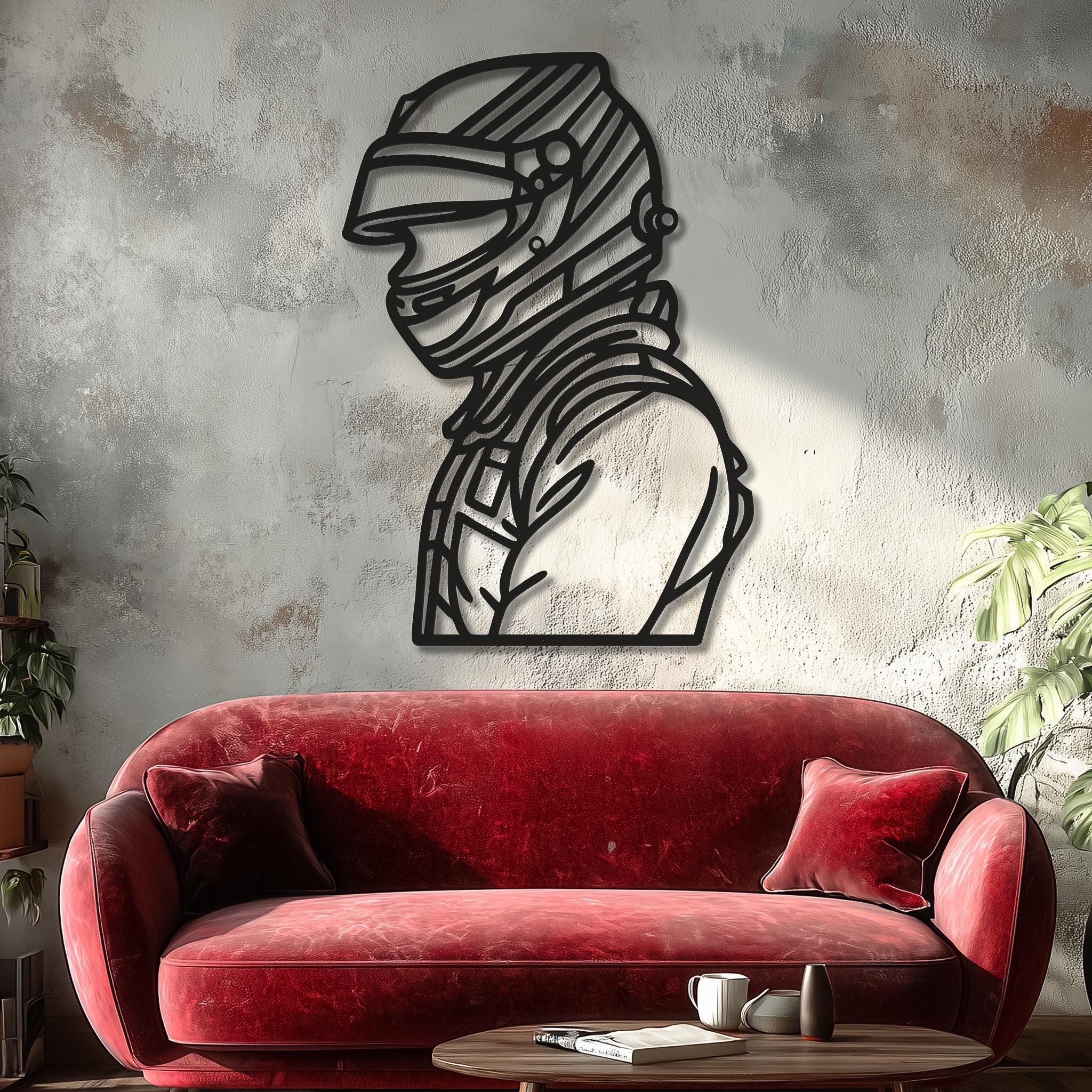 May include: A black metal wall art silhouette of a race car driver wearing a helmet, accompanied by a size chart displaying dimensions in inches from 11 by 16 inches to 37 by 53 inches and centimeters from 28 by 40 cm to 94 by 135 cm.