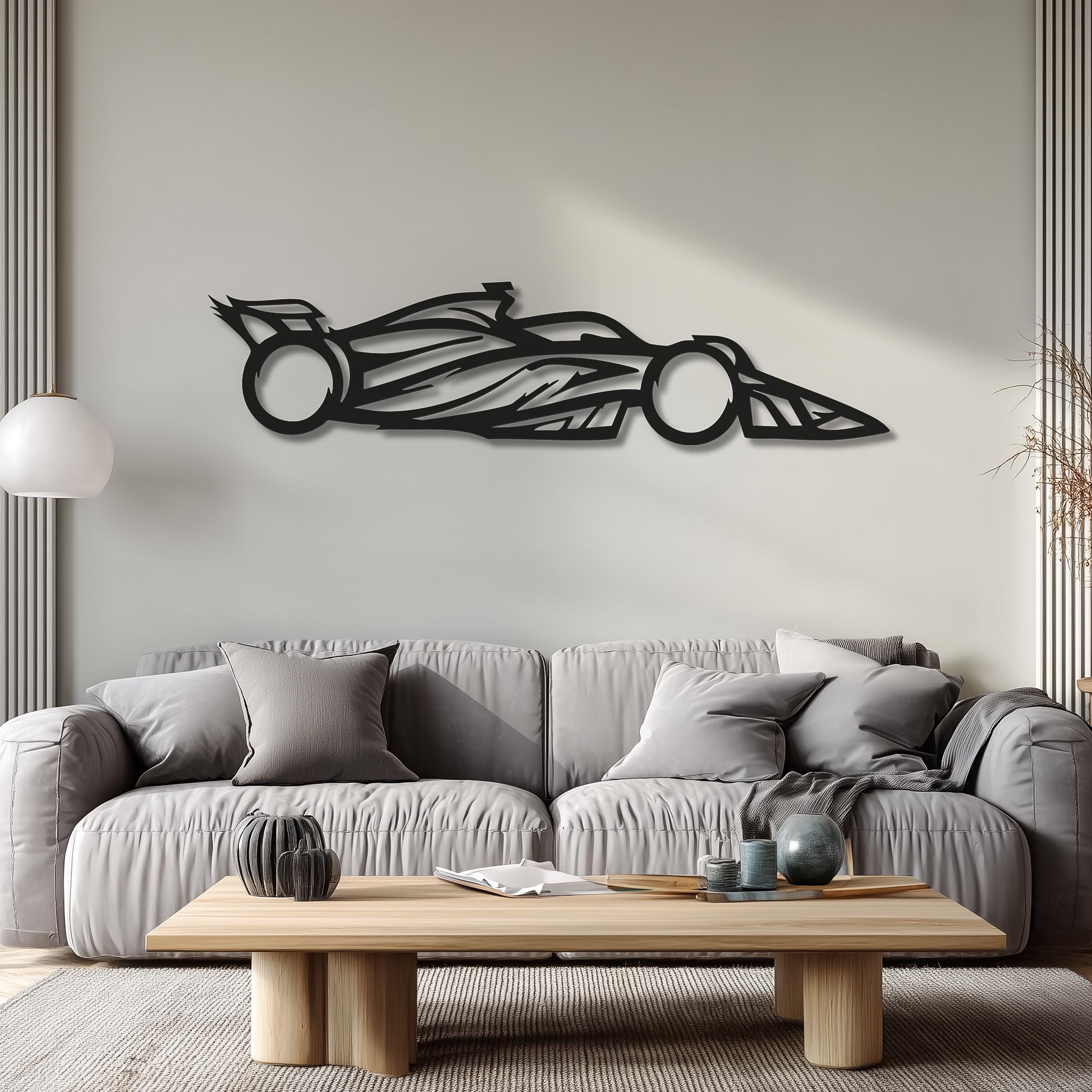 Open-wheel racing metal wall art above a sofa; matte black, CNC laser-cut, lightweight shadow effect; modern living room décor; motorsports gift for him; ready to hang.