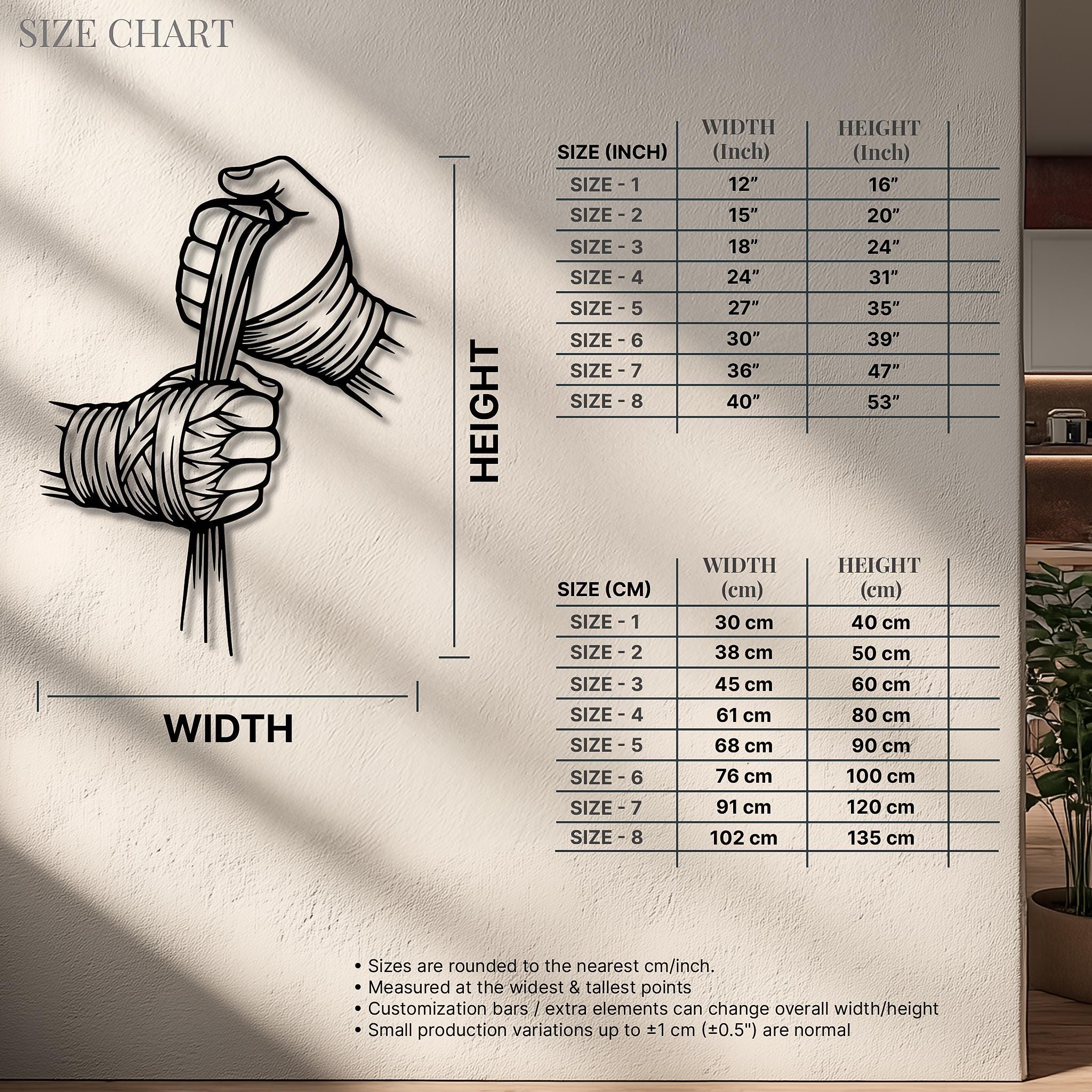 May include: A black metal wall art piece depicting two hands wrapped in boxing hand wraps. The design shows one hand pulling the wrap tight while the other hand is clenched into a fist, featuring clean cut-out lines and a matte black finish.