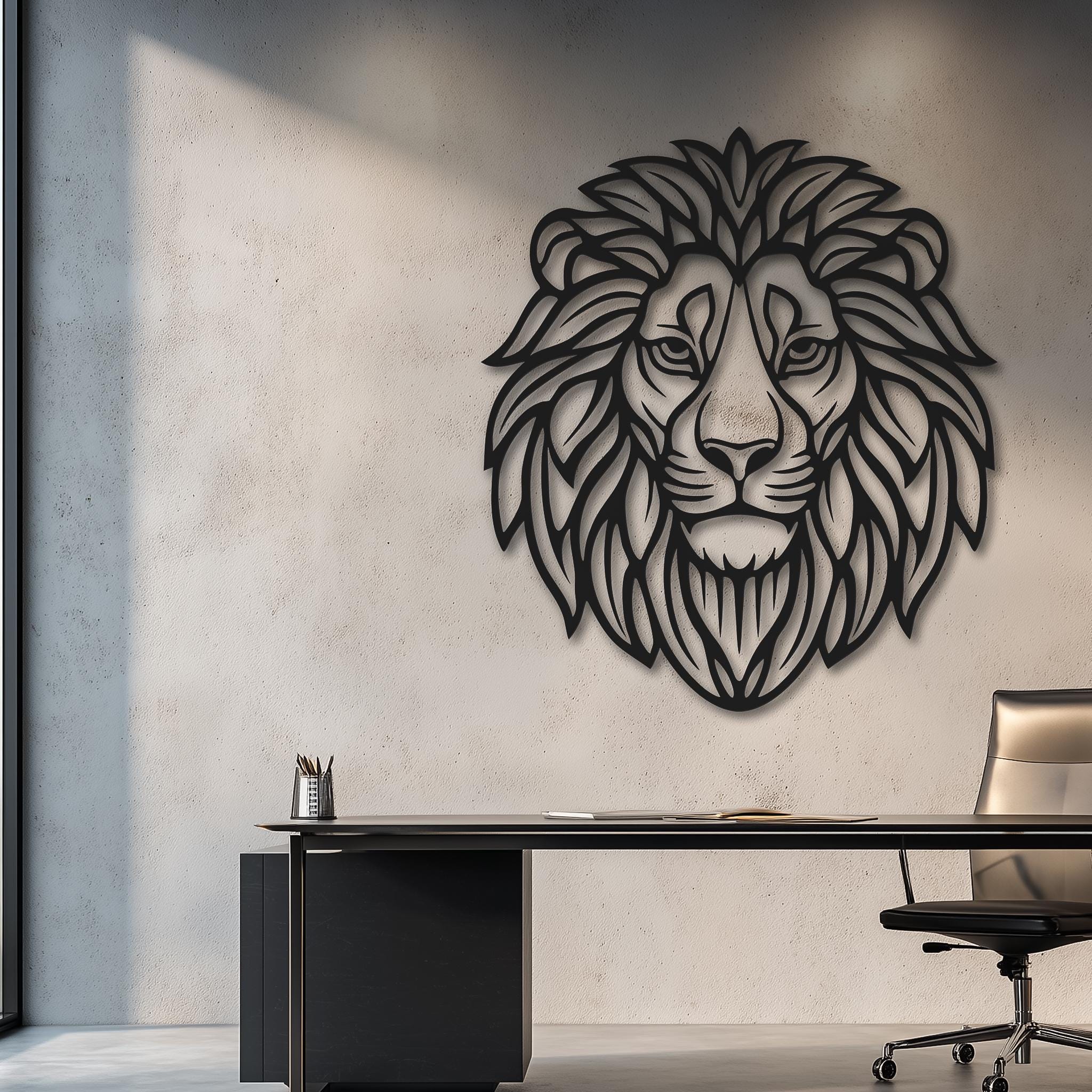 Modern office scene with large lion metal wall art above desk. CNC laser cut, matte black. Motivational decor for executives, boardroom, study or home office; ready to mount.