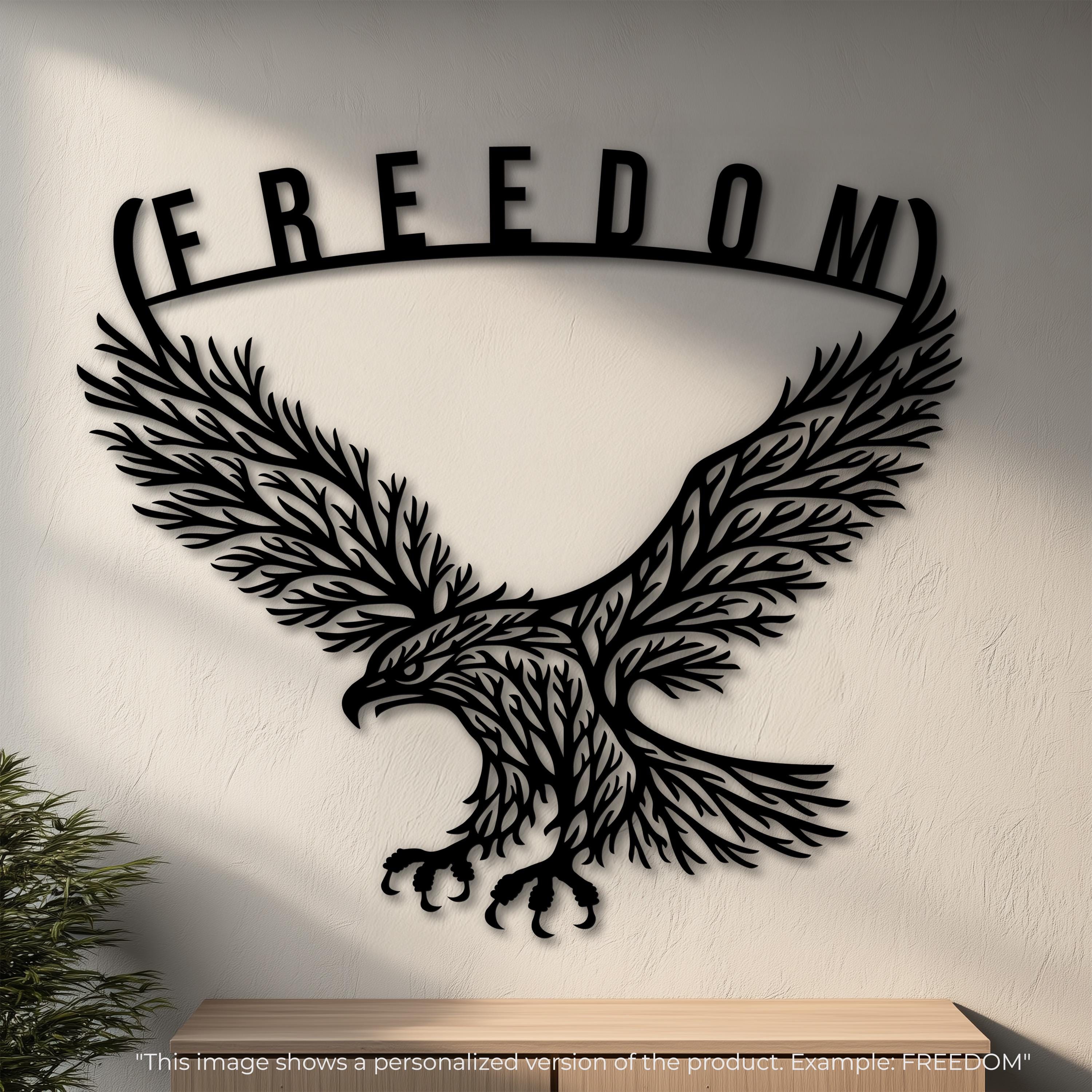 Bald eagle wall art with arched text, personalized metal sign option for home display