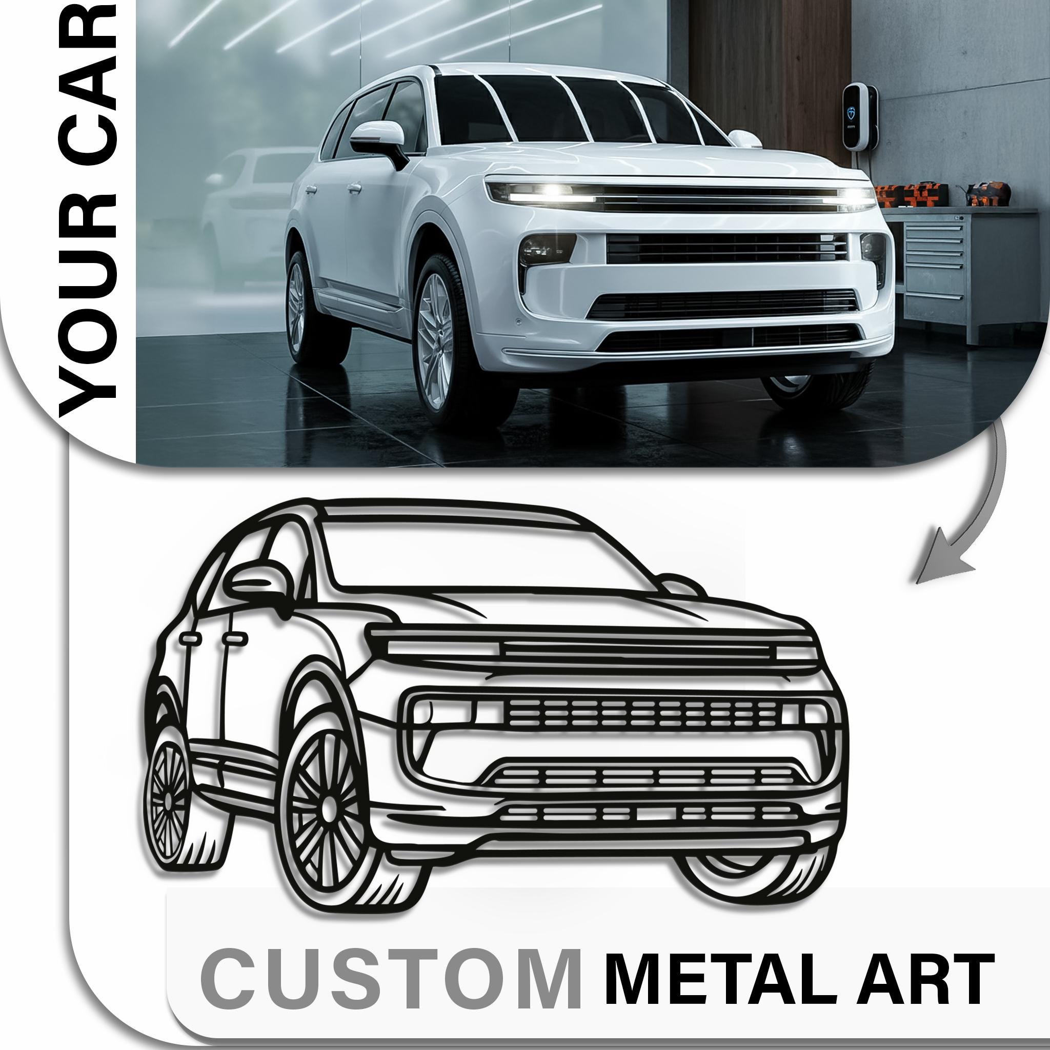 YOUR CAR → CUSTOM METAL ART mockup featuring a white urban SUV photo and the resulting line-art metal art; personalized car wall decor; CNC laser-cut matte black finish; 3D shadow; great gift for SUV owners.