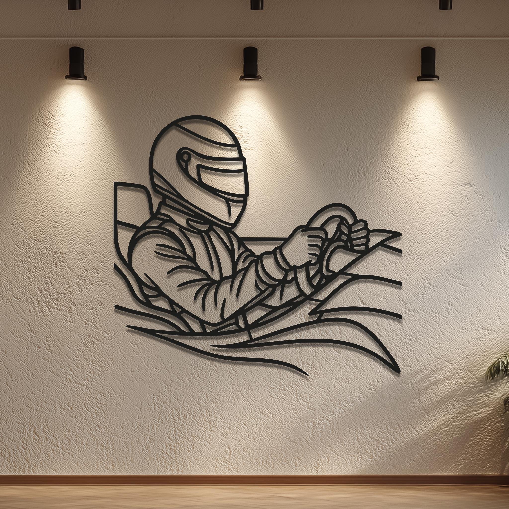 Gallery-lit racing driver wall sculpture; CNC laser-cut matte black line art with deep shadows, museum look; large statement piece for modern interiors; motorsport decor, car enthusiast gift; multiple sizes incl. 1m width; ready to hang.
