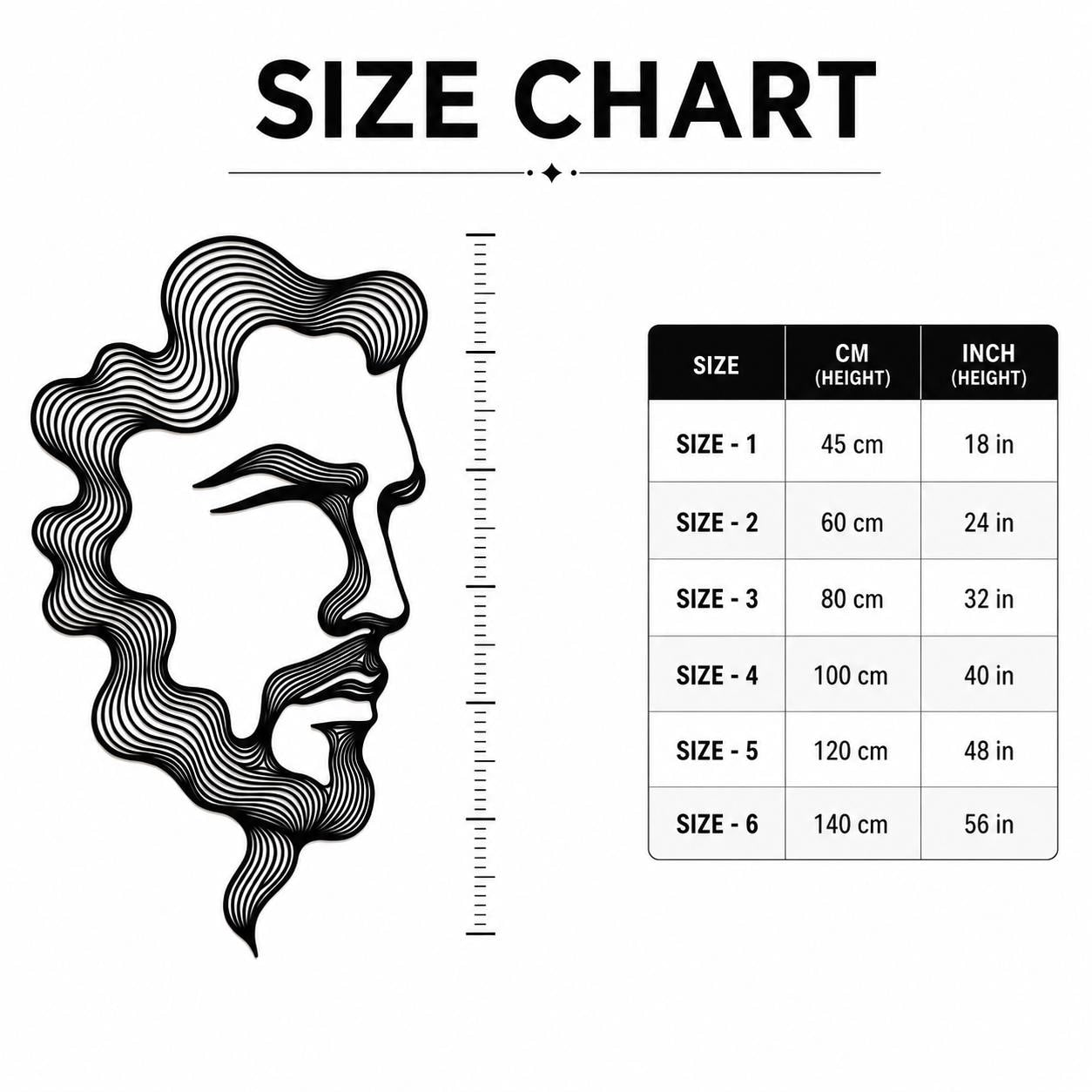 Comprehensive size guide for the barbershop male face metal wall art, showing exact height dimensions from 18 inches (45 cm) to 56 inches (140 cm). Choose the perfect black silhouette sign size to fit your professional salon or man cave space.