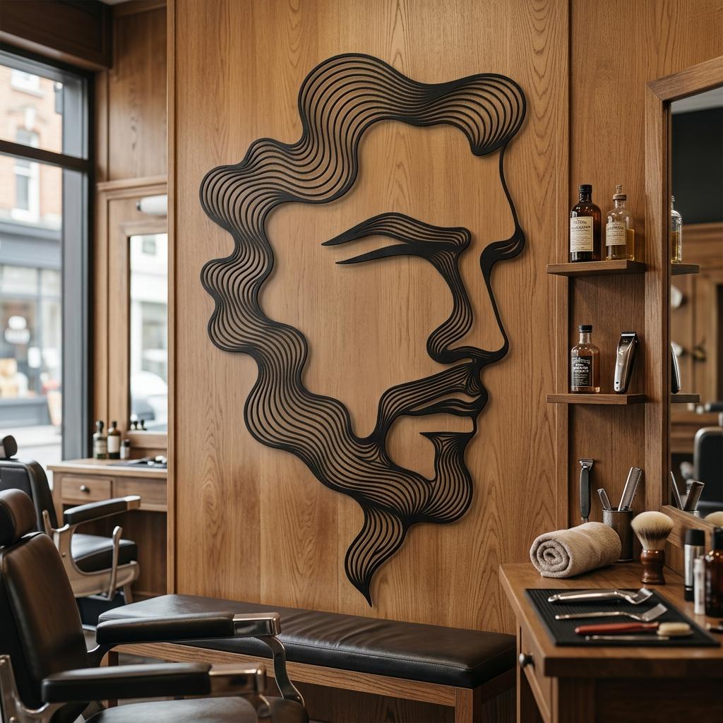 Wide room view of a stylish barbershop featuring black metal wall art of a bearded male face. This large industrial silhouette sign perfectly complements leather chairs and brick walls, creating a masculine grooming aesthetic for modern shops.