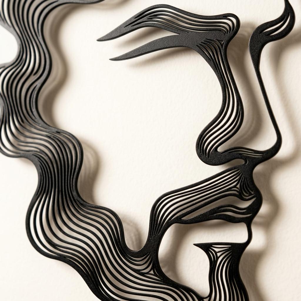 Macro view showing the premium textured black powder-coated finish of the bearded male face metal wall art. This durable, scratch-resistant matte surface ensures a high-quality industrial look for professional barber shops and man cave decor.