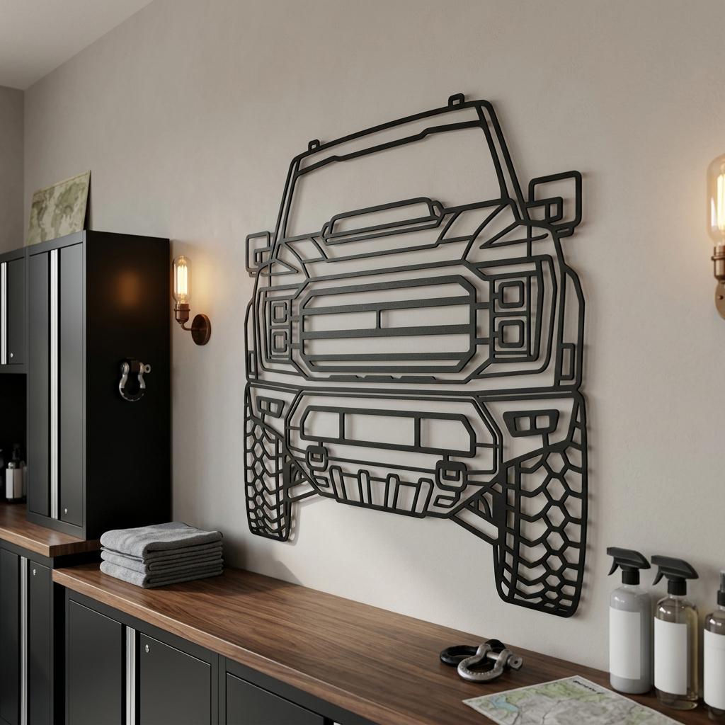May include: A matte black metal wall art piece shaped like the front view of a pickup truck. The design features a detailed grille, headlights, a hood scoop, and large off-road tires. The structure is made of thin, interconnected metal lines.