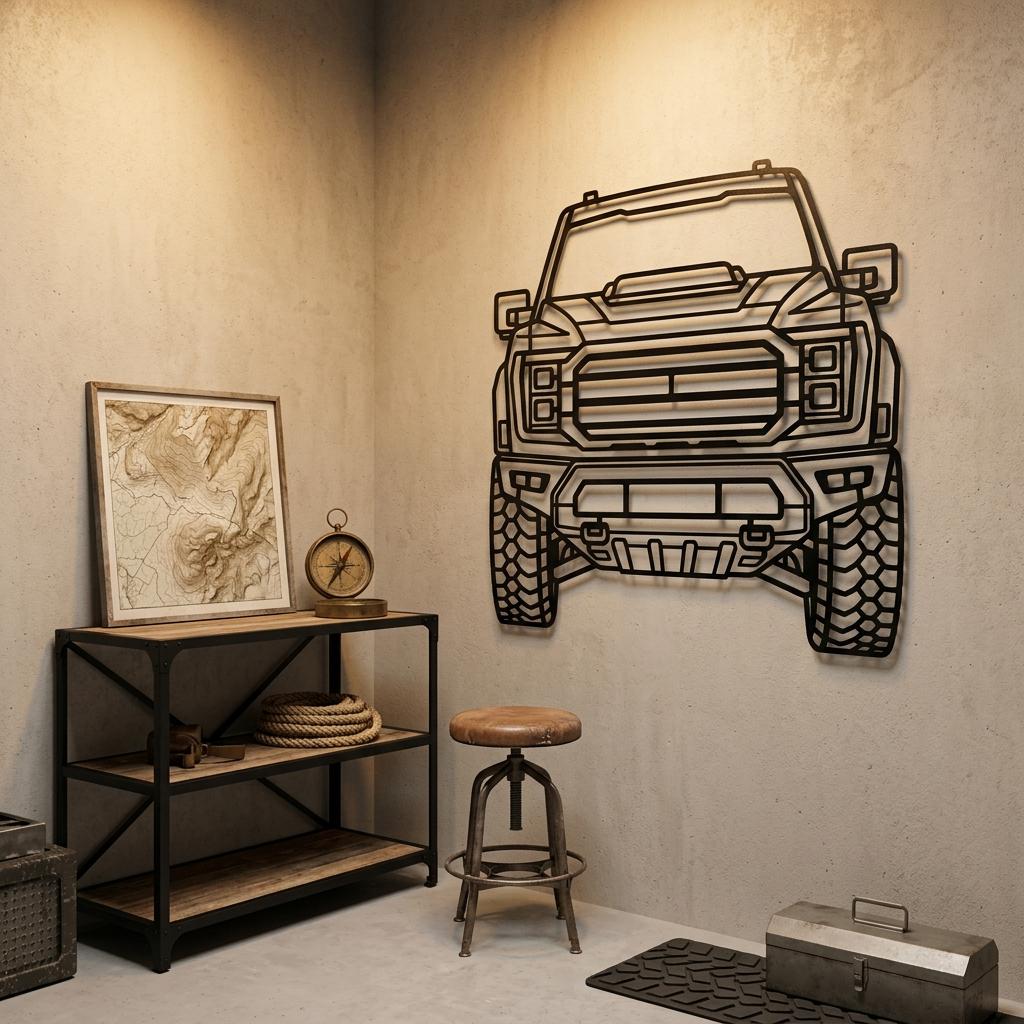 May include: A black metal wall art piece shaped like the front view of a pickup truck with a detailed grille, headlights, and rugged tires. The design features clean lines and a cutout silhouette, mounted directly onto a neutral-toned wall surface.