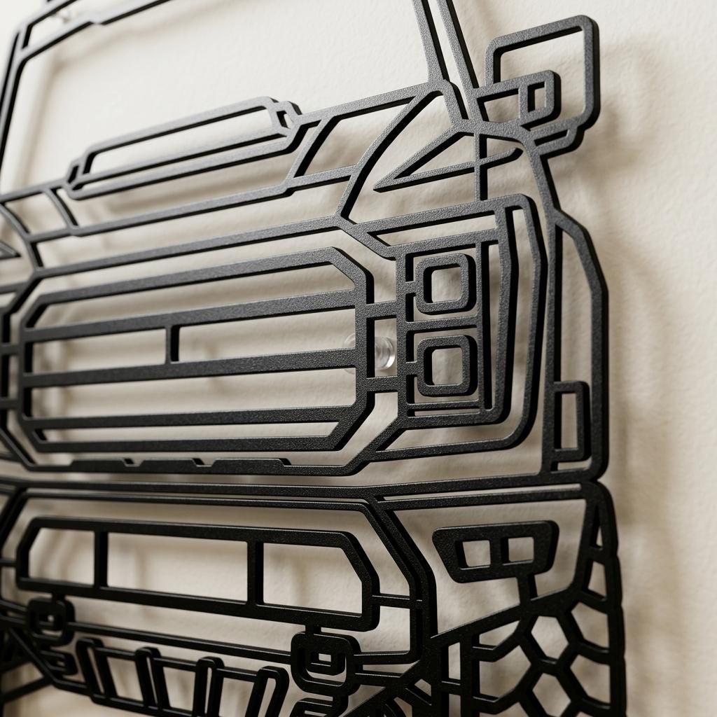May include: A matte black metal wall art piece featuring a stylized, linear outline of the front view of a pickup truck. The design highlights the prominent grille, rectangular headlights, side mirror, and bumper structure in a minimalist frame.