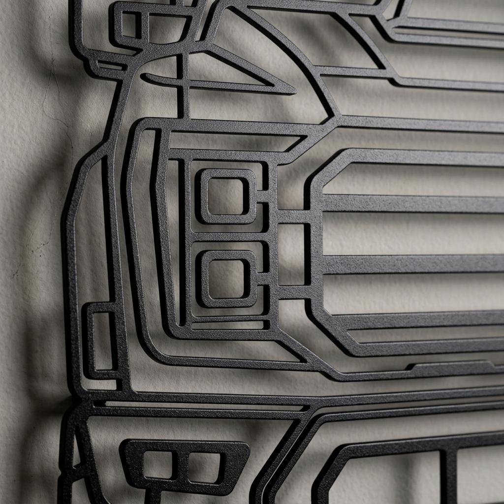 May include: A matte black metal wall art piece featuring a stylized, geometric line-art silhouette of the front grille and headlight assembly of a pickup truck. The design consists of bold, interconnected outlines forming the vehicle's front end.