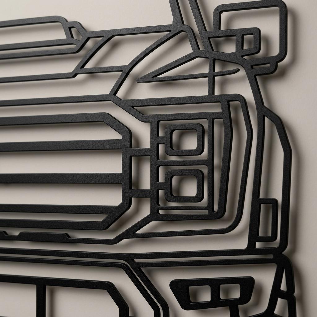 May include: A matte black metal wall art piece featuring a stylized, linear outline of the front end of a pickup truck. The design highlights the grille, rectangular headlights, and bumper structure through clean, geometric cut-out lines.